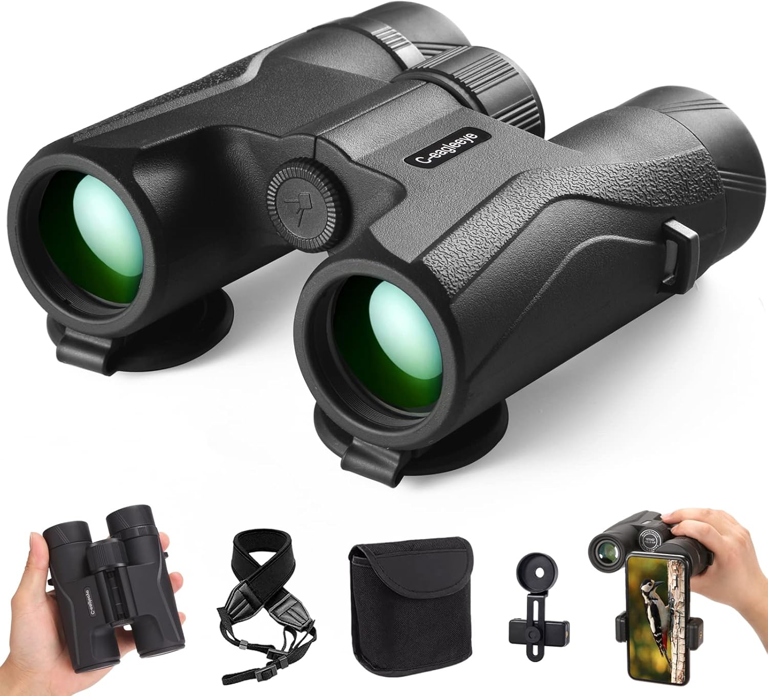 C-eagleeye Binoculars 12x32,Ipx7 Professional Waterproof & Fog Proof, Includes Bags,Strap,Phone Adapter with BAK4 Lens Lightweight High Powered Lens for Hunting, Bird Watching for Adult & Kids,Black
