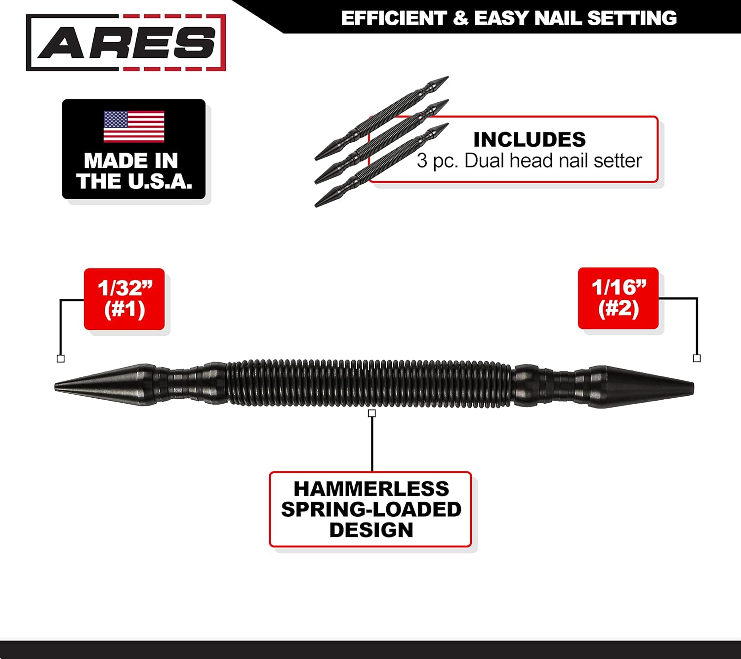ARES 10051-3-Pack Dual Head Combo Nail Setter - Features 1/32-Inch (#1) and 1/16-Inch (#2) Dual Head Design - 5000 PSI Striking Force Pack of 2