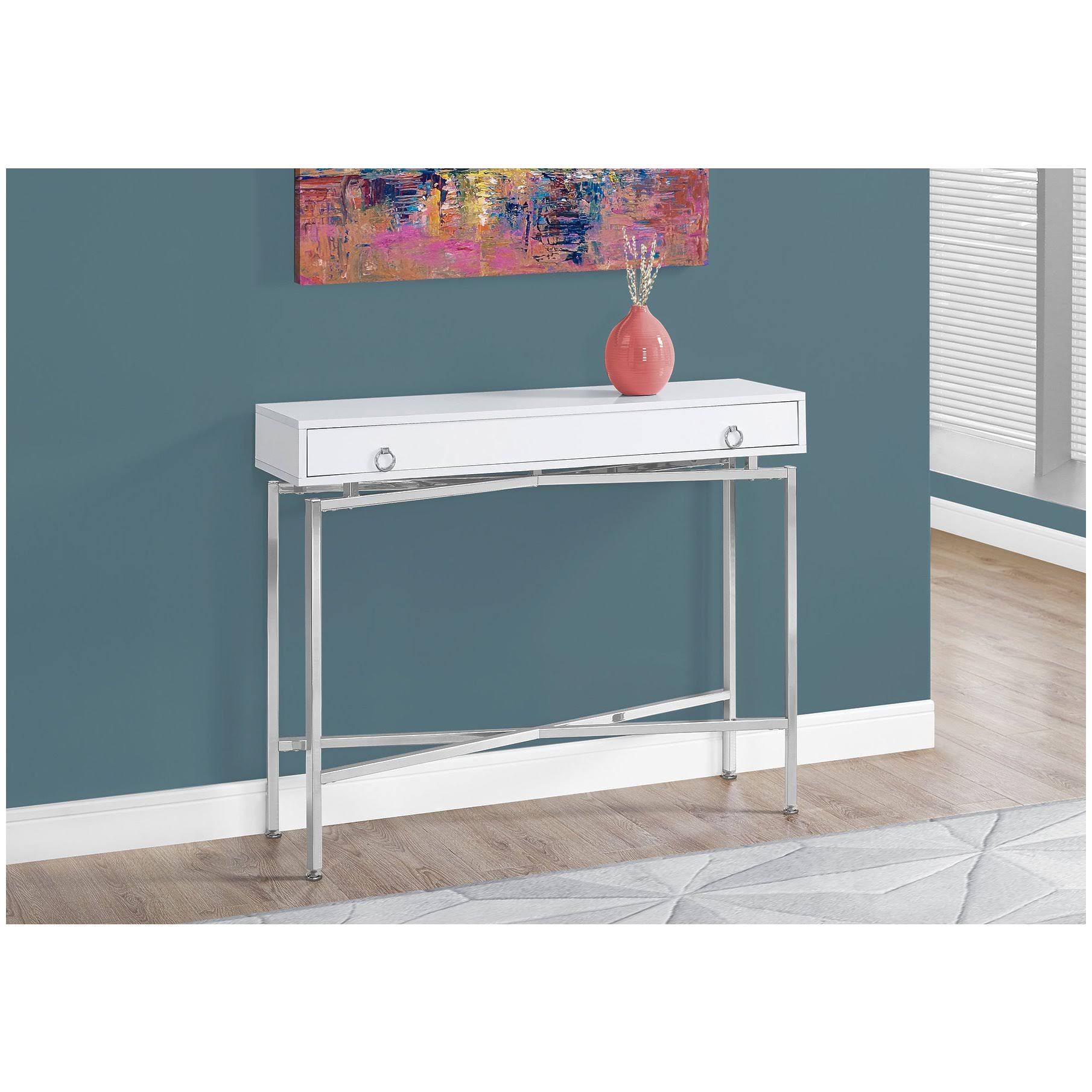 Monarch Accent Table - 42x22L / Glossy White / Chrome Hall Console