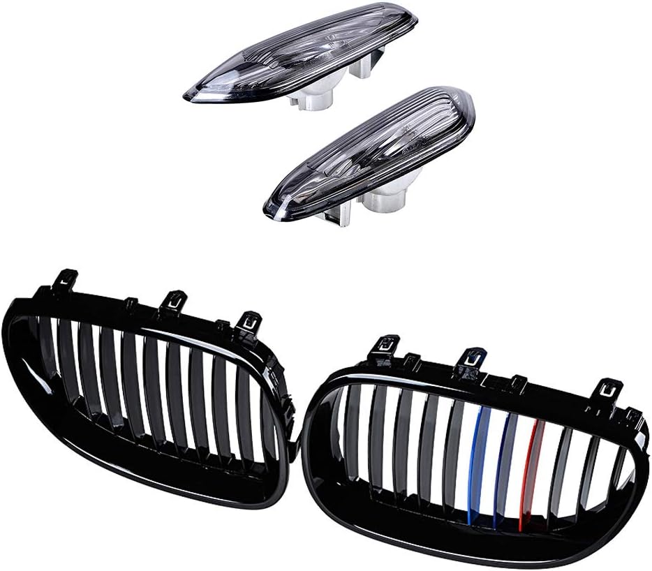 Left Right Glossy Black Painted M-Color Kidney Grille & Turn Signals Side Marker Light Smoke Lens Housing Compatible with 2004-2010 BMW E60 E61 5 Series 4-Door