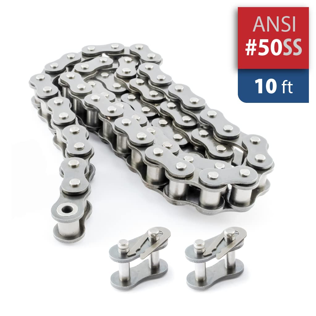 PGN #50 Stainless Steel Roller Chain - 10 Feet + 2 Free Connecting Links - #50SS - Stainless Steel Chain - 191 Links Pack of 2