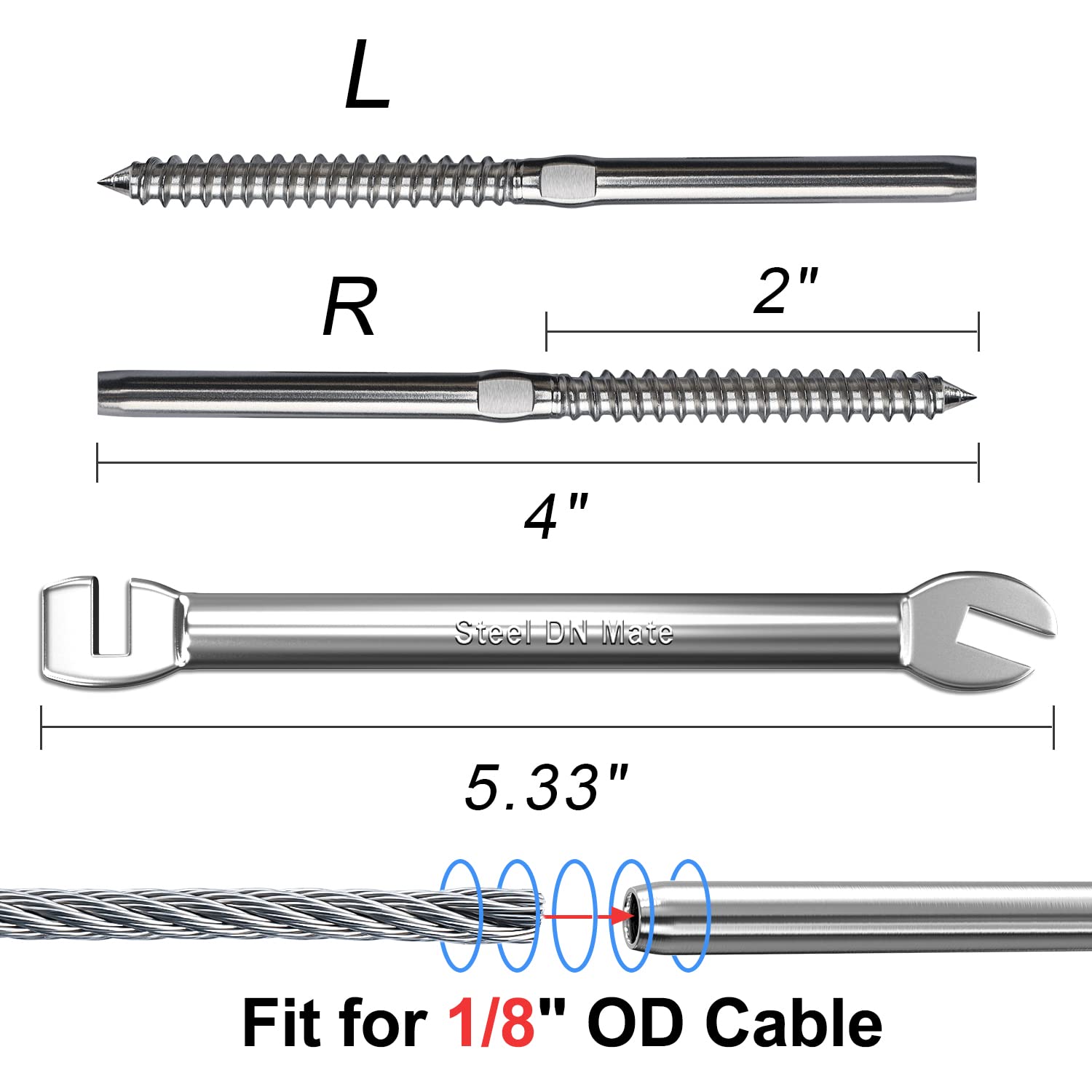 Steel DN Mate T316 Stainless Steel Left&Right Handed Thread Swage Lag Screws for Wood Post of 1/8