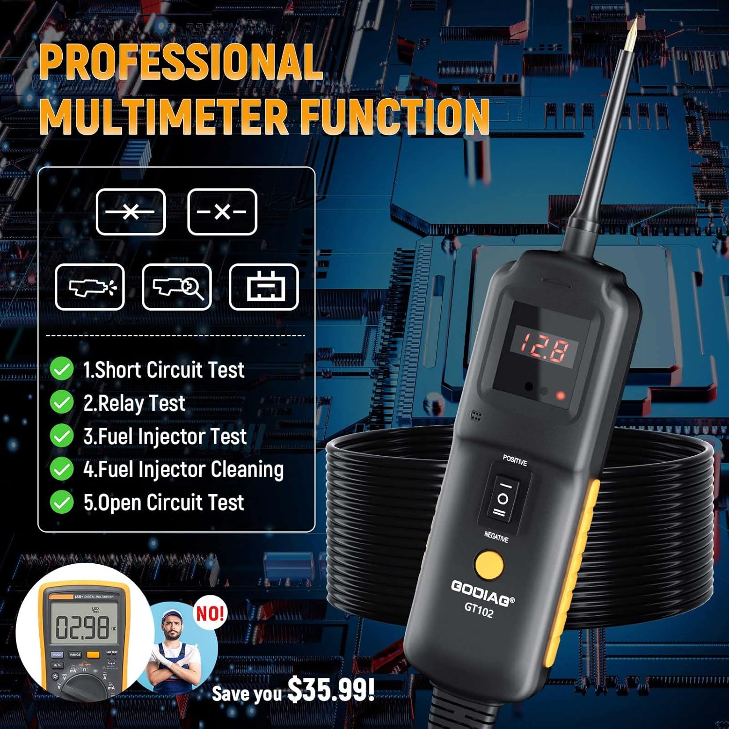 GODIAG GT102 Power Circuit Probe Tester, 6V 40V DC Automotive Circuit Tester for Voltmeter, Ground Test, Component Activation, Short Locating, Relay Test and Fuel Injector Test & Clean