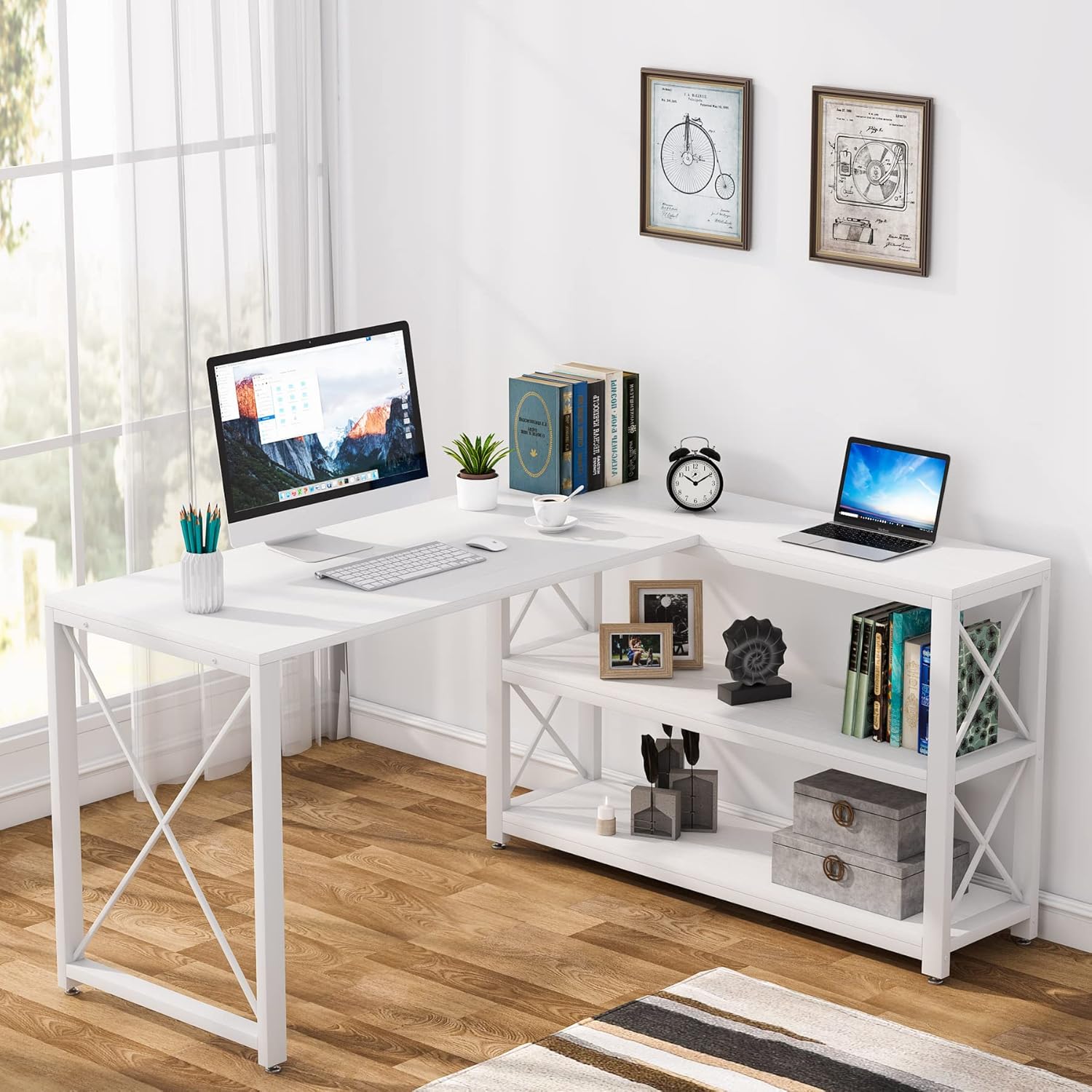 Tribesigns Industrial L-Shaped Desk with Storage Shelves, Corner Computer Desk PC Laptop Study Table Workstation for Home Office Small Space, White