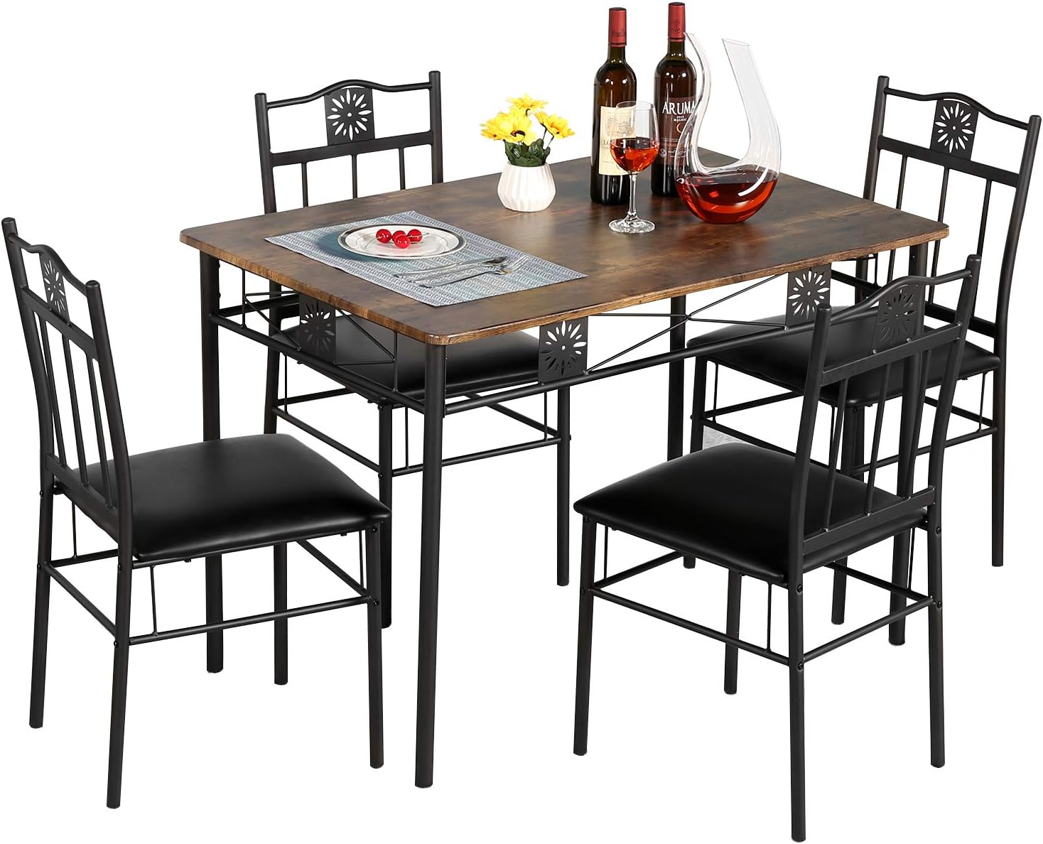 VECELO Dining Table with 4 Chairs [4 Placemats Included, Black