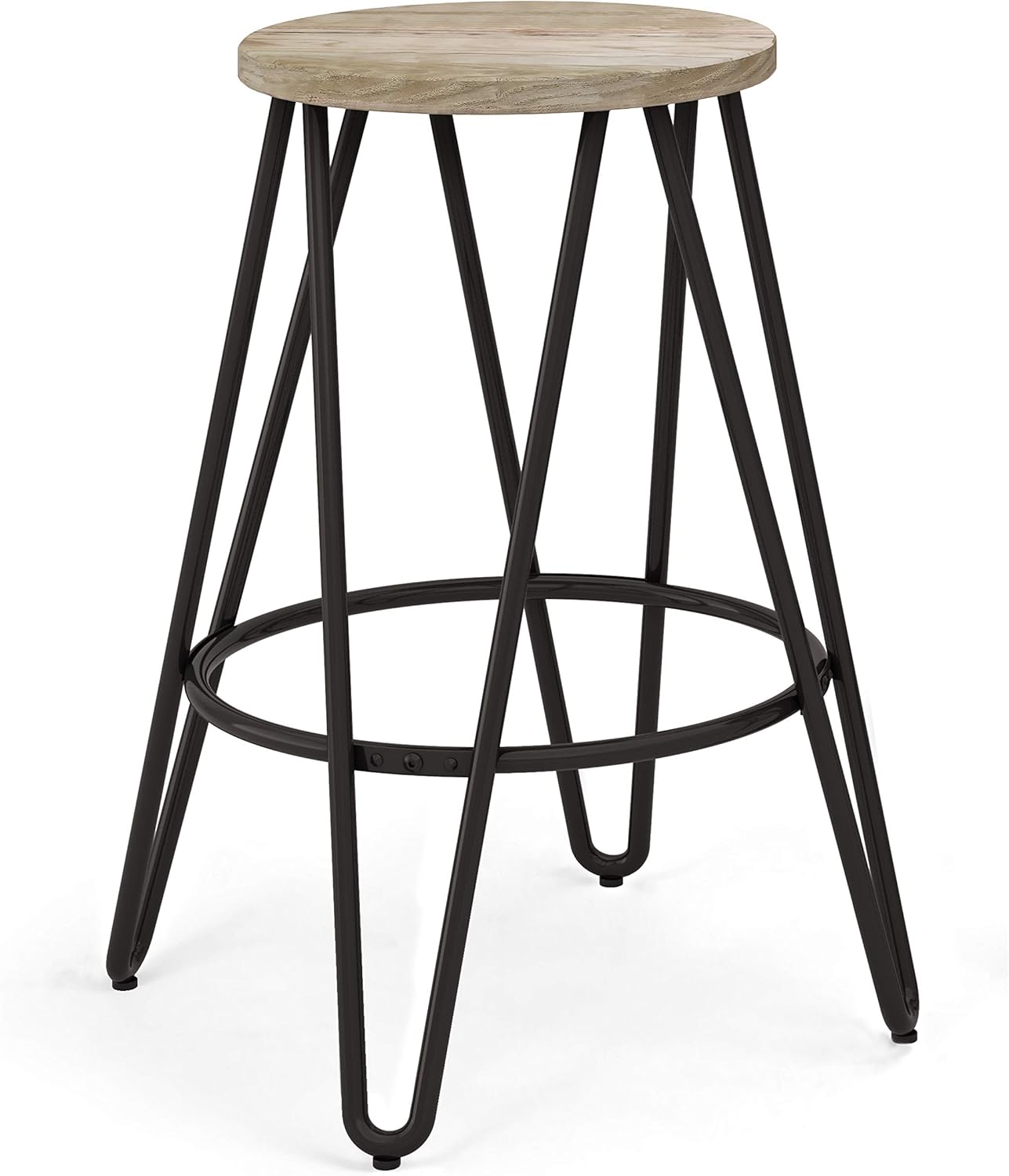 SIMPLIHOME Simeon 30 inch Bar Stool, Natural and Black Metal and Elm Wood, Round, Backless, for the Kitchen and Dining Room, Industrial Pack of 2