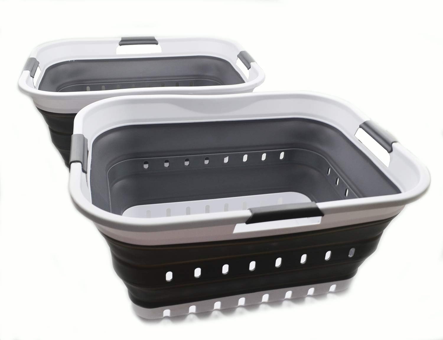 SAMMART 42L (11 Gallon) Collapsible Plastic Laundry Basket - Foldable Pop Up Storage Container/Organizer - Portable Basket - Space Saving Hamper/Basket (2, White/Grey) Pack of 2