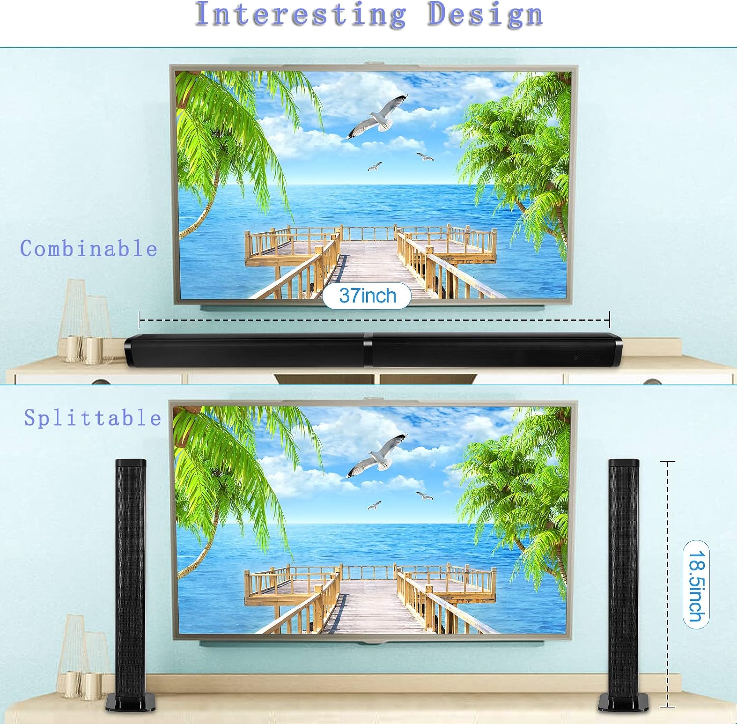 TV Sound bar, 2 in 1 Bluetooth Speaker for tv with Surround Sound Home Theater System combinable Desgin soundbar with 4 Driver Speakers，Optical/AUX/TF/USB Connection，Remote Control，Wall Mountable Pack of 2