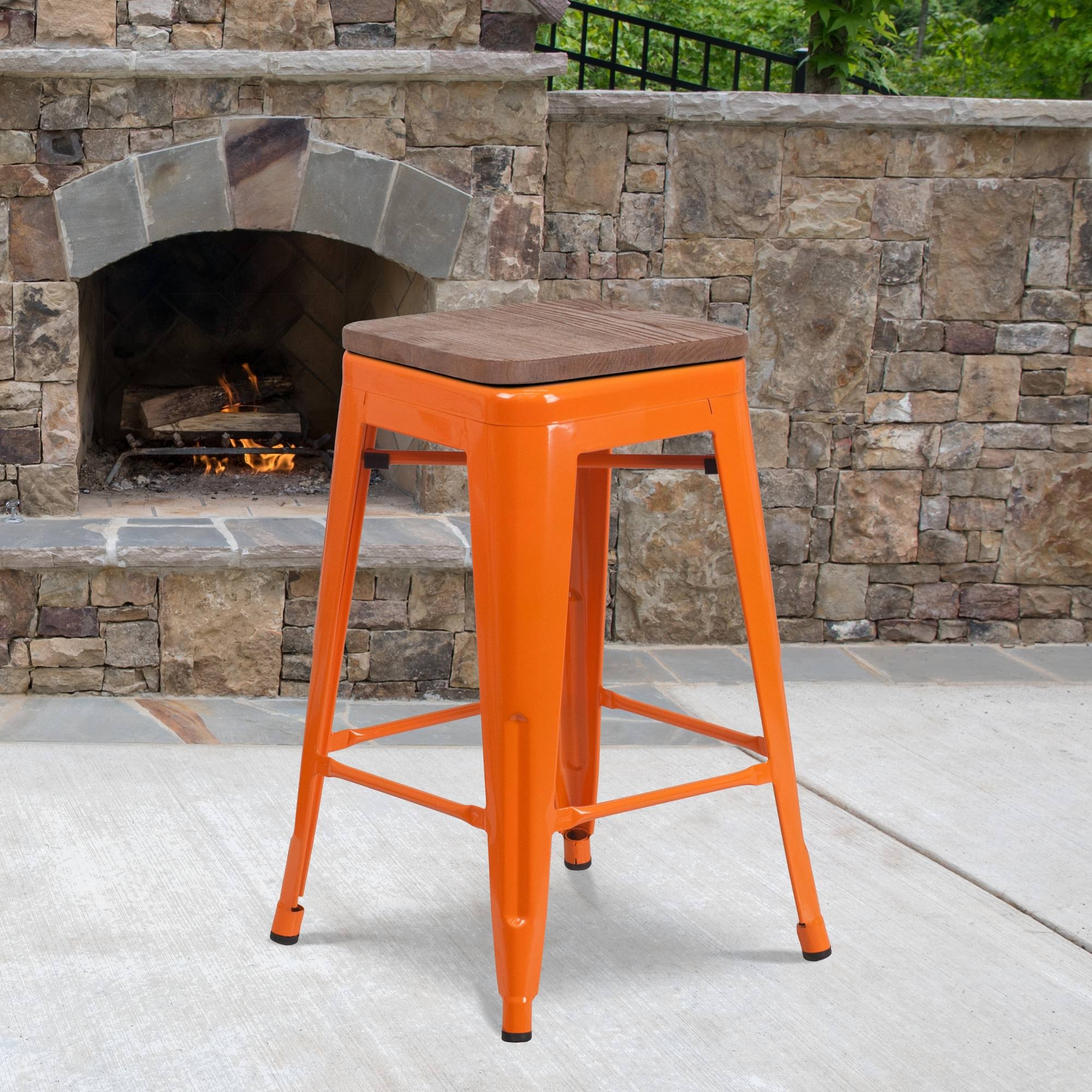 Emma and Oliver 24x22H Backless Orange Metal Counter Height Stool with Wood Seat