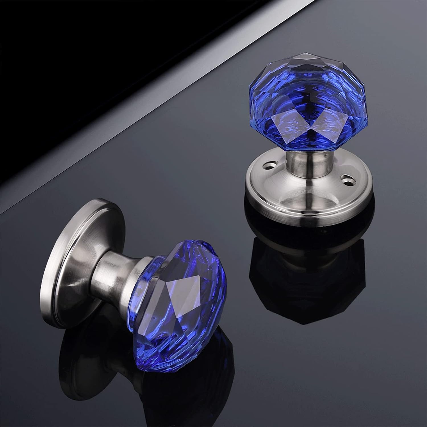 NIZADO Blue Crystal Passage Door Knobs,Modern Door Knobs Interior Brushed Nickel,Bed/Bath Lock Keyless Door Hardware(4 Pack) Pack of 2