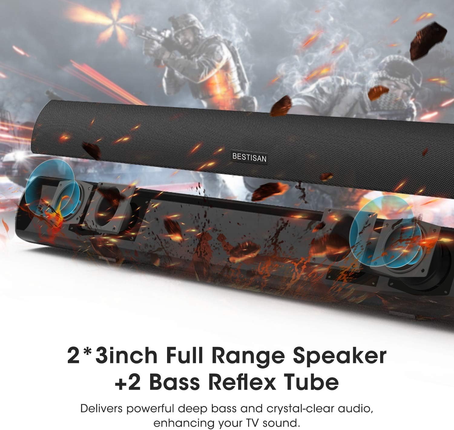 Soundbar, Bestisan Sound bar with Strong Bass Wireless Bluetooth 5.0 Audio Speakers for TV 3D Stereo Surround (28 Inch, 60W, DSP, Bass Adjustable,Optical/AUX/RCA Wall Mountable) (Renewed) Pack of 2
