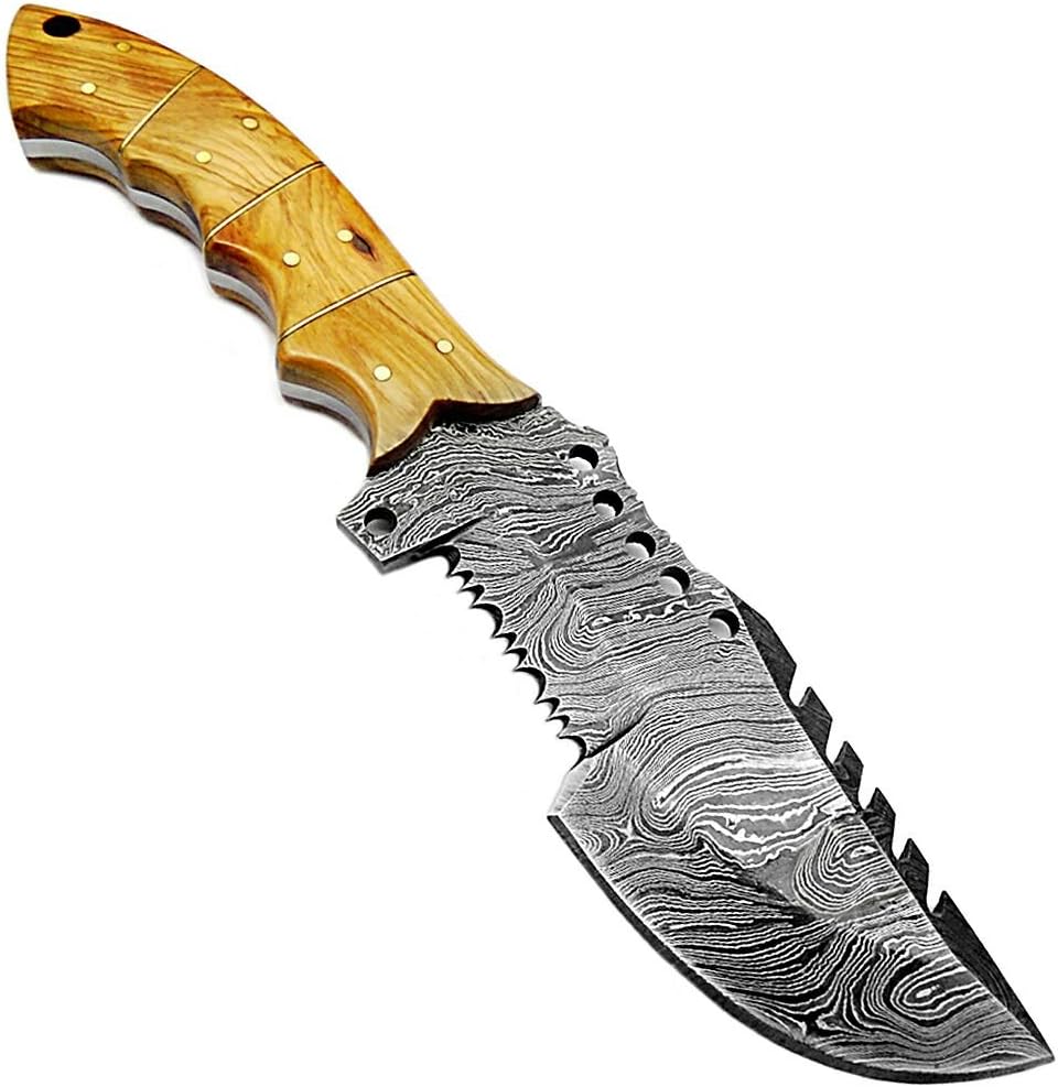 Best.Buy.Damascus1 Olive Wood 9.5'' Tracker Fixed Blade Handmade Damascus Steel Hunting Knife with Prime Quality