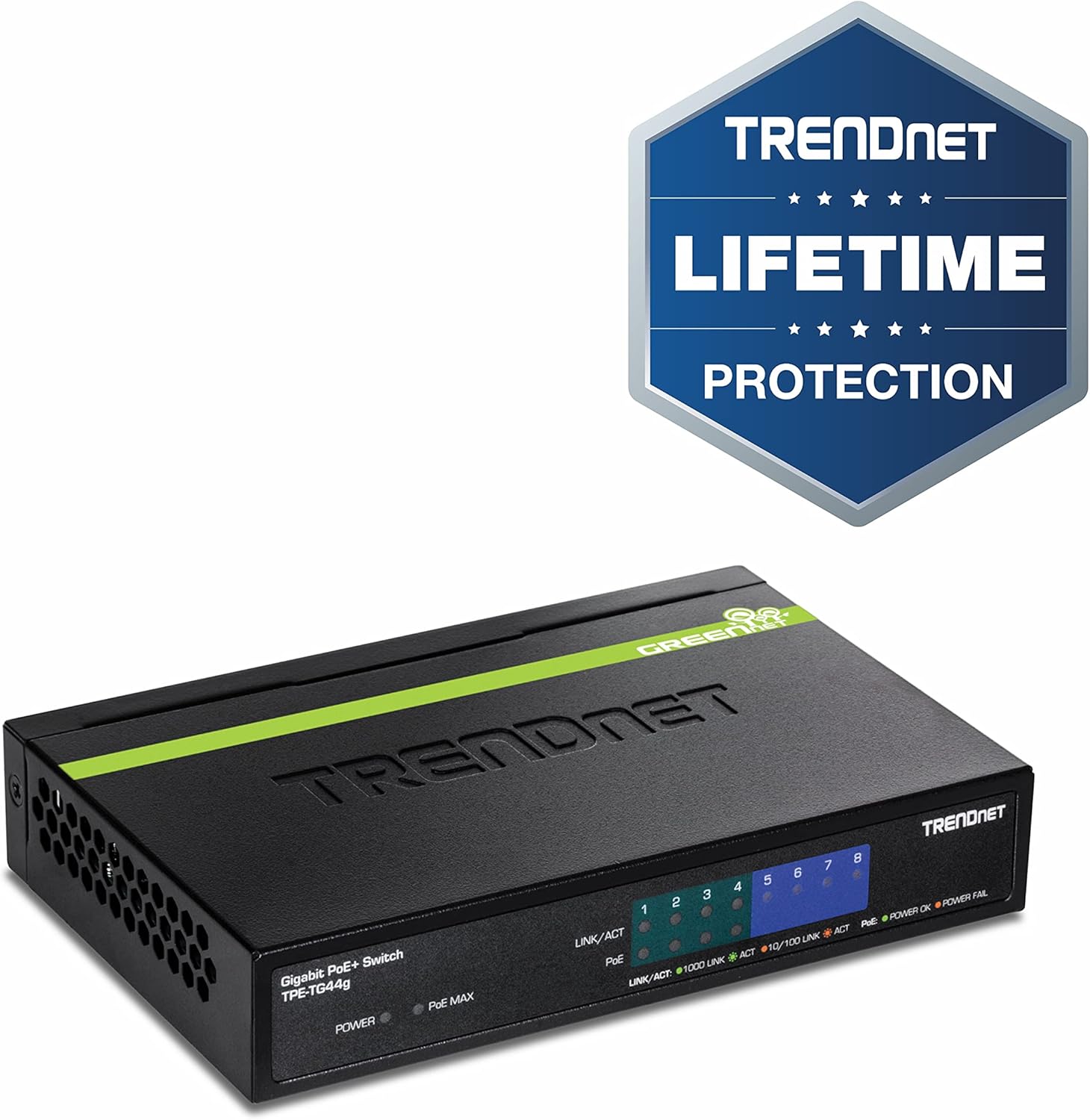 TRENDnet 8-Port Gigabit GREENnet PoE+ Switch,TPE-TG44G, 4 x Gigabit PoE/PoE+ Up to 30 Watts/Port, 4 x Gigabit, 61W Power Budget, 16 Gbps Switch Capacity, Ethernet Unmanaged Switch, Lifetime Protection Black Pack of 2