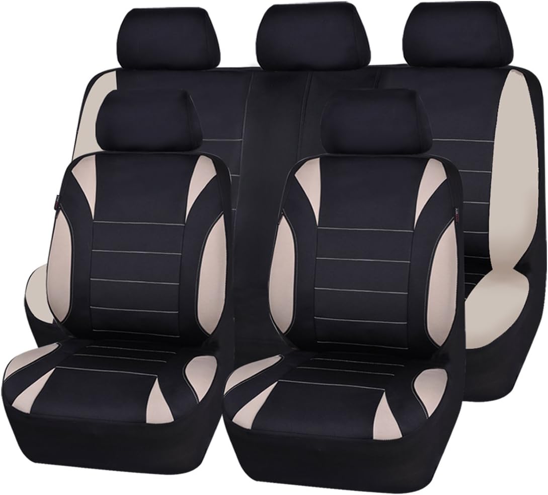 CAR PASS Waterproof Neoprene EVA 11 Piece Universal fit Car Seat Covers,Fit for Suvs,Vans,Trucks,Sedans,Airbag Compatible,Inside Zipper Design (Black and Beige)