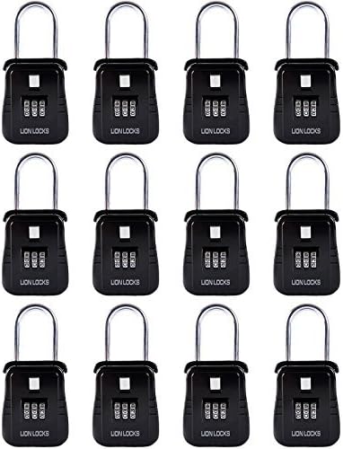 Lion Locks 12-Pack Alpha Key Storage Lockbox, Set-Your-Own Code Lock, Portable Key Holder, Rust-Proof Secure Outdoor Safe, Hide-a-Key Safe Box, Lock Box, Airbnb, Construction (12-Pack/Black)