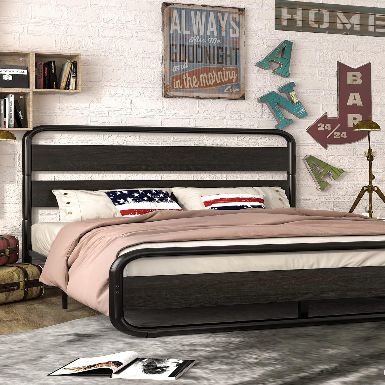 IMUsee Queen Metal Platform Bed Frame with Wooden Headboard/Footboard,Mattress Foundation/Under Bed Storage,No Box Spring Needed,Easy Assembly,Black