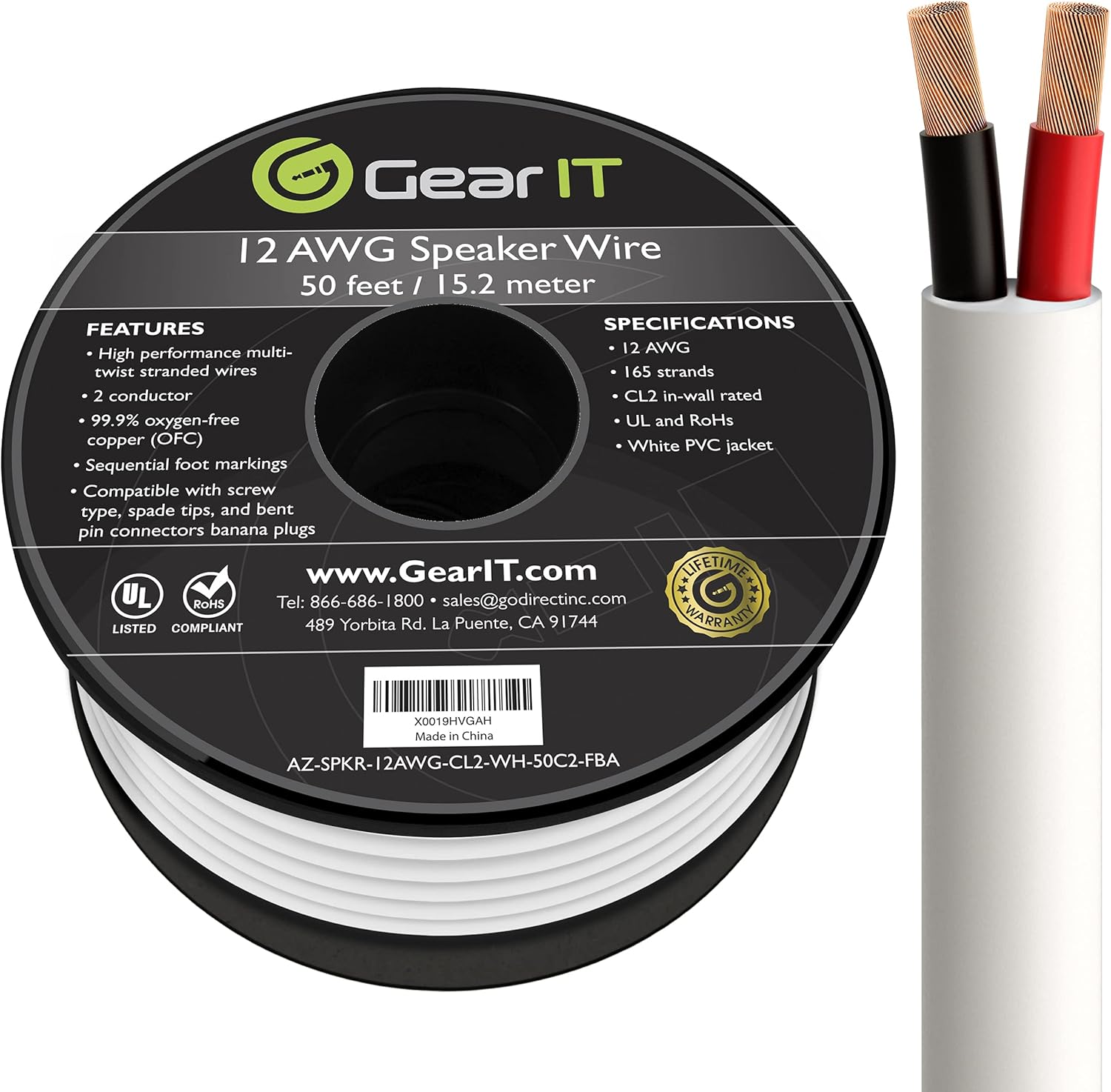 GearIT 12/2 Speaker Wire (50 Feet) 12AWG Gauge - in Wall Audio Speaker Wire Cable / CL2 Rated / 2 Conductors - OFC Oxygen-Free Copper, White 50ft Pack of 2