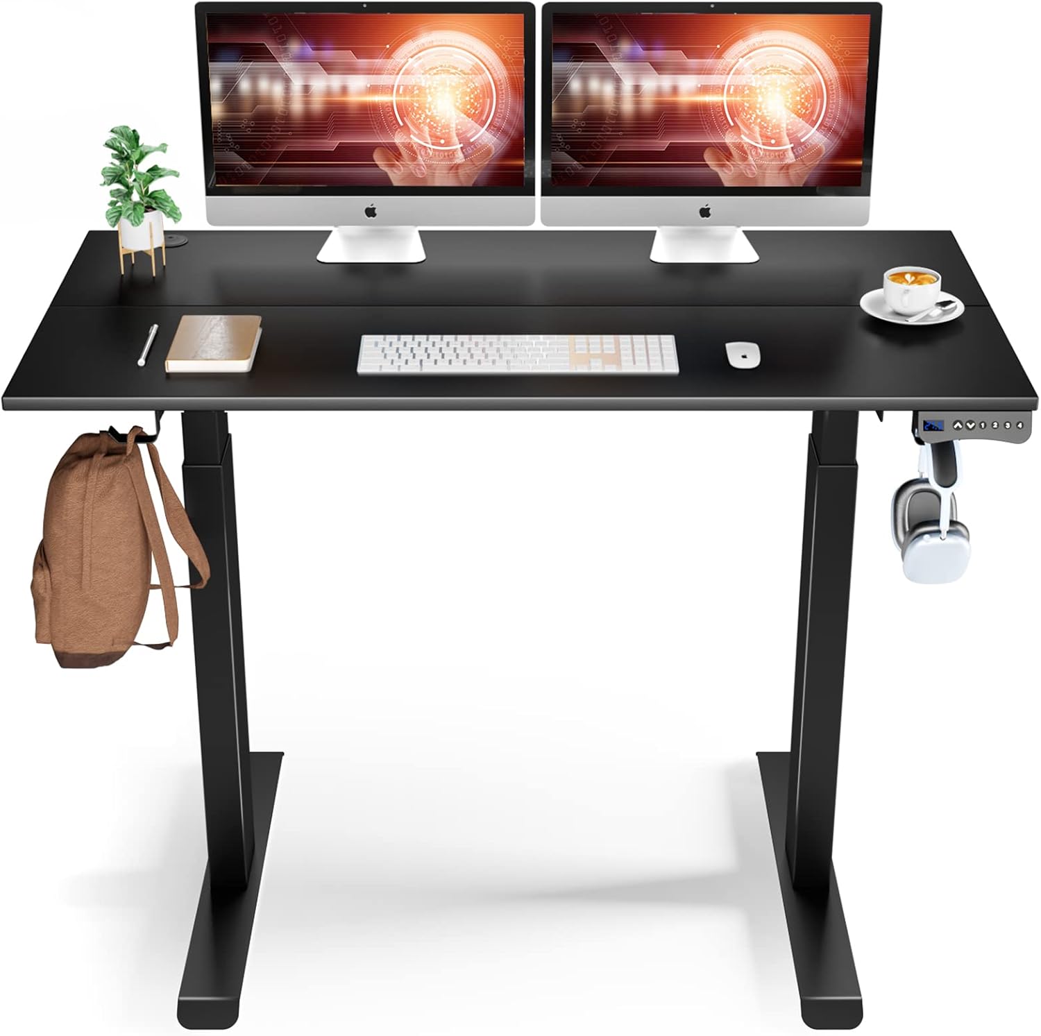 Height Adjustable Electric Standing Desk, 48 x 24 Inches Stand up Table with Touch Screen Controller, Sit Stand Home Office Desk with Splice Board, Walnut Table Top, Black Frame