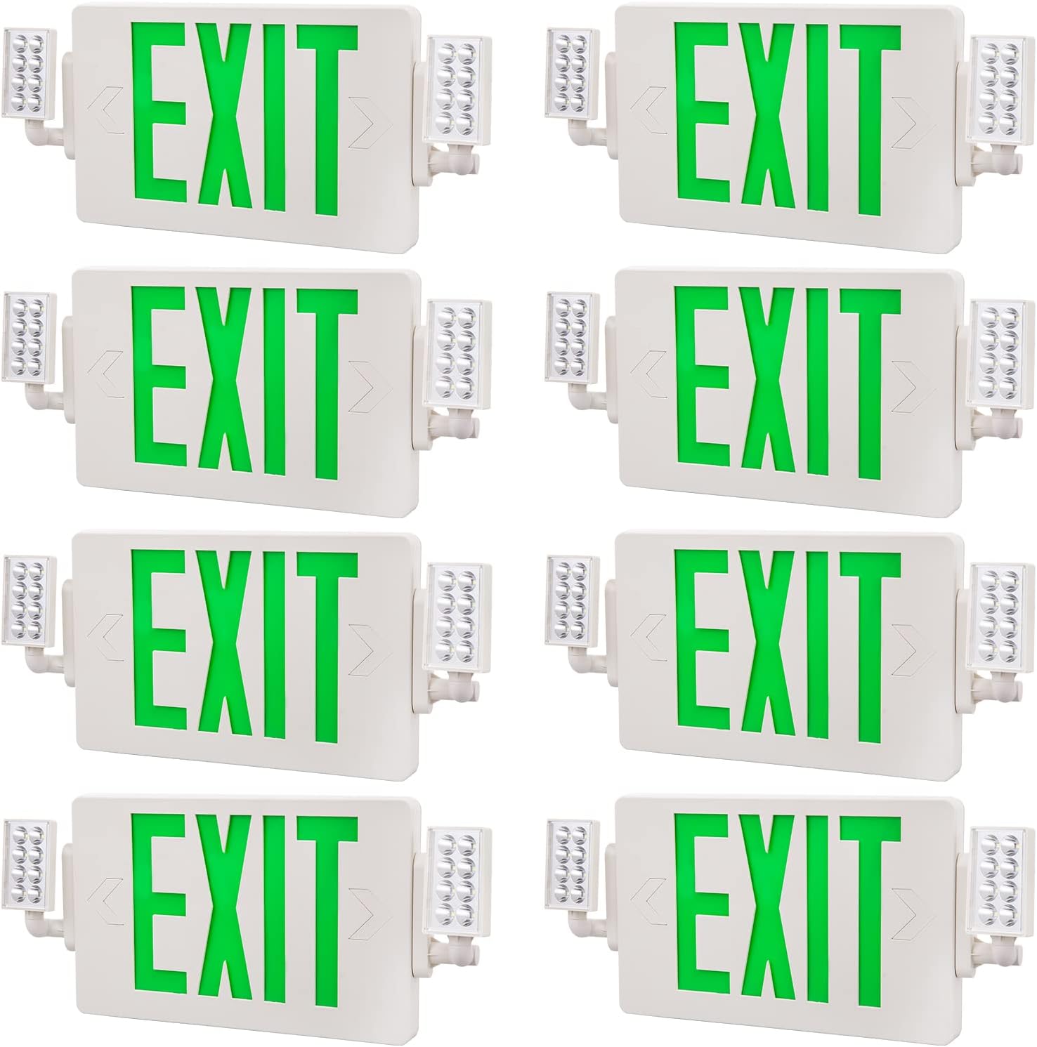 Exitlux Green Led EXIT Sign with Emergency Lighting with Battery Backup&Adjustable Two Head-US Standard-Hardwired-Exit Sign for Home Power Failure (8 PACK)