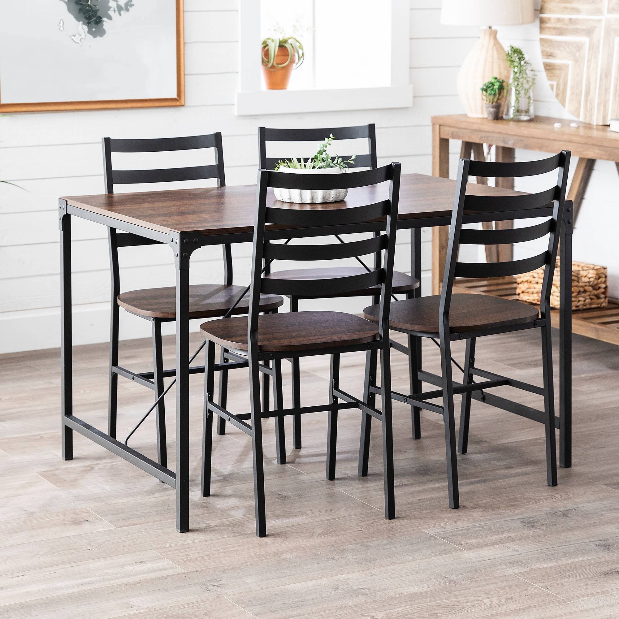 5pc Industrial Farmhouse Angle Iron Dining Set Dark Walnut - Saracina Home