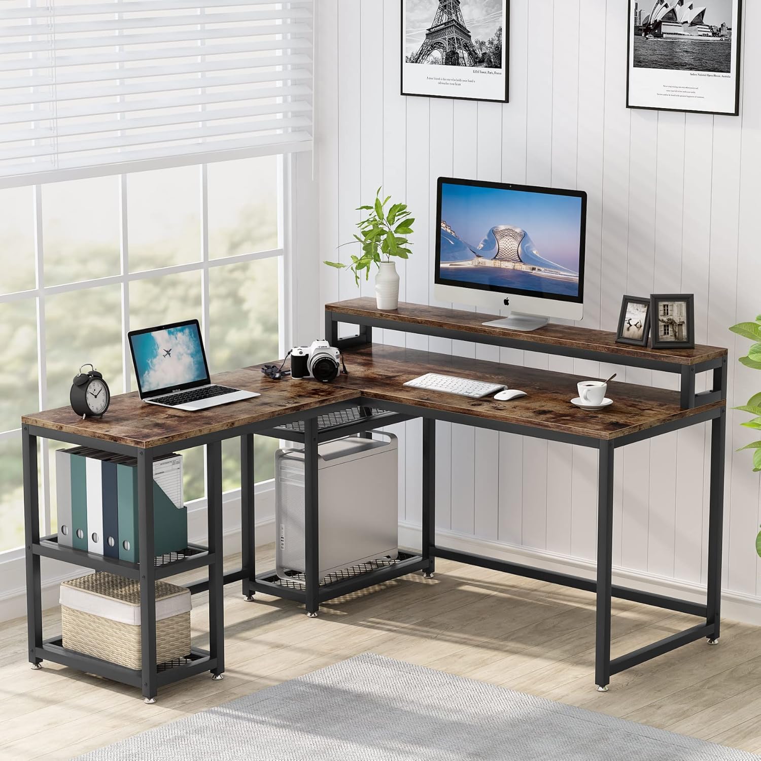 Tribesigns Reversible L-Shaped Desk with Monitor Stand, 59x55 inch Large Corner Computer Desk Study Writing Table with Storage Shelves for Home Office (Black)