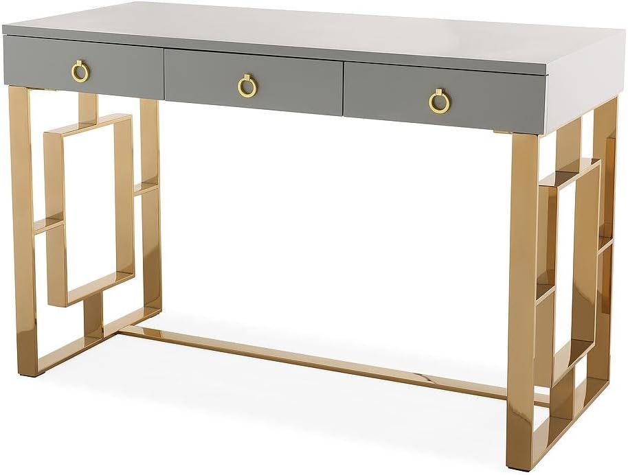 TOV Furniture The Audrey Collection Modern Computer Office Writing Desk with Lacquered Wooden Top, Gold Base & 3 Storage Drawers, Gray