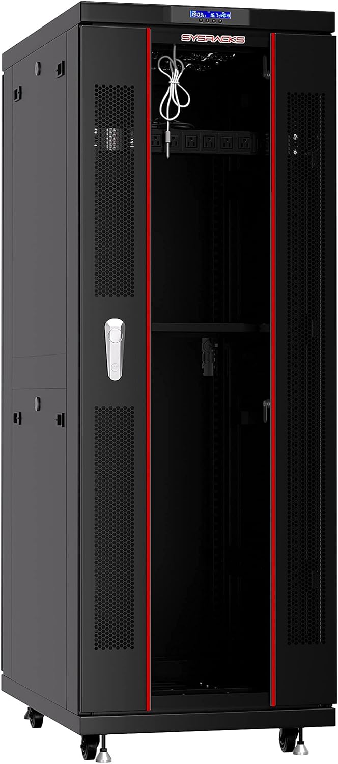 Sysracks Server Rack 42U Network Enclosure 39 inch Deep Data Cabinet on Wheels - Fully Locking Network Rack - Thermostat - LCD Screen - Power Strip