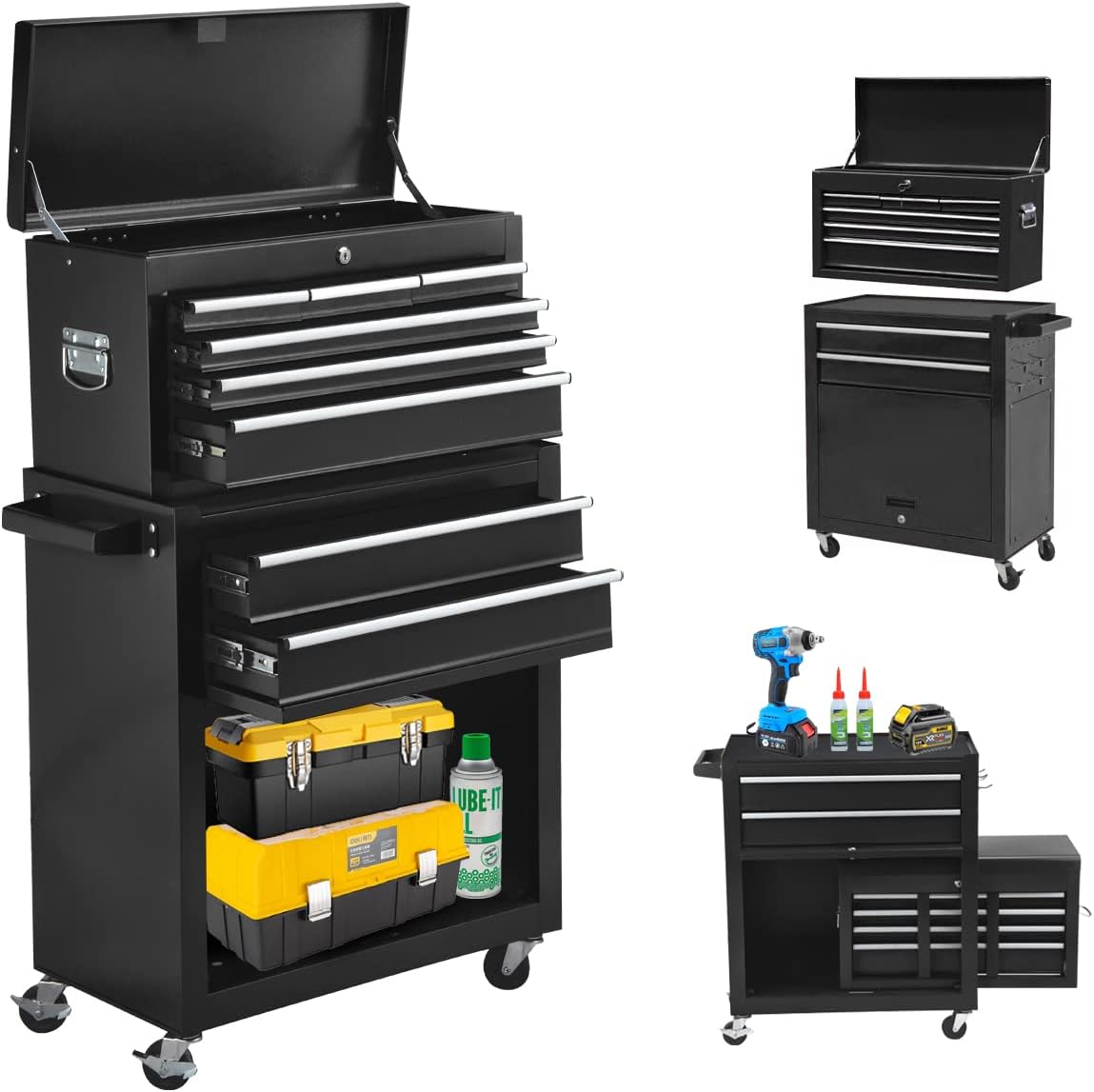 8-Drawer Rolling Tool Chest, Lockable Large Tool Chest with Wheels, 2-Piece Tool Chest Combo, Portable Top Tool Chest with Sliding Drawers and High Capacity Bottom Tool Cabinet, for Garage Warehouse