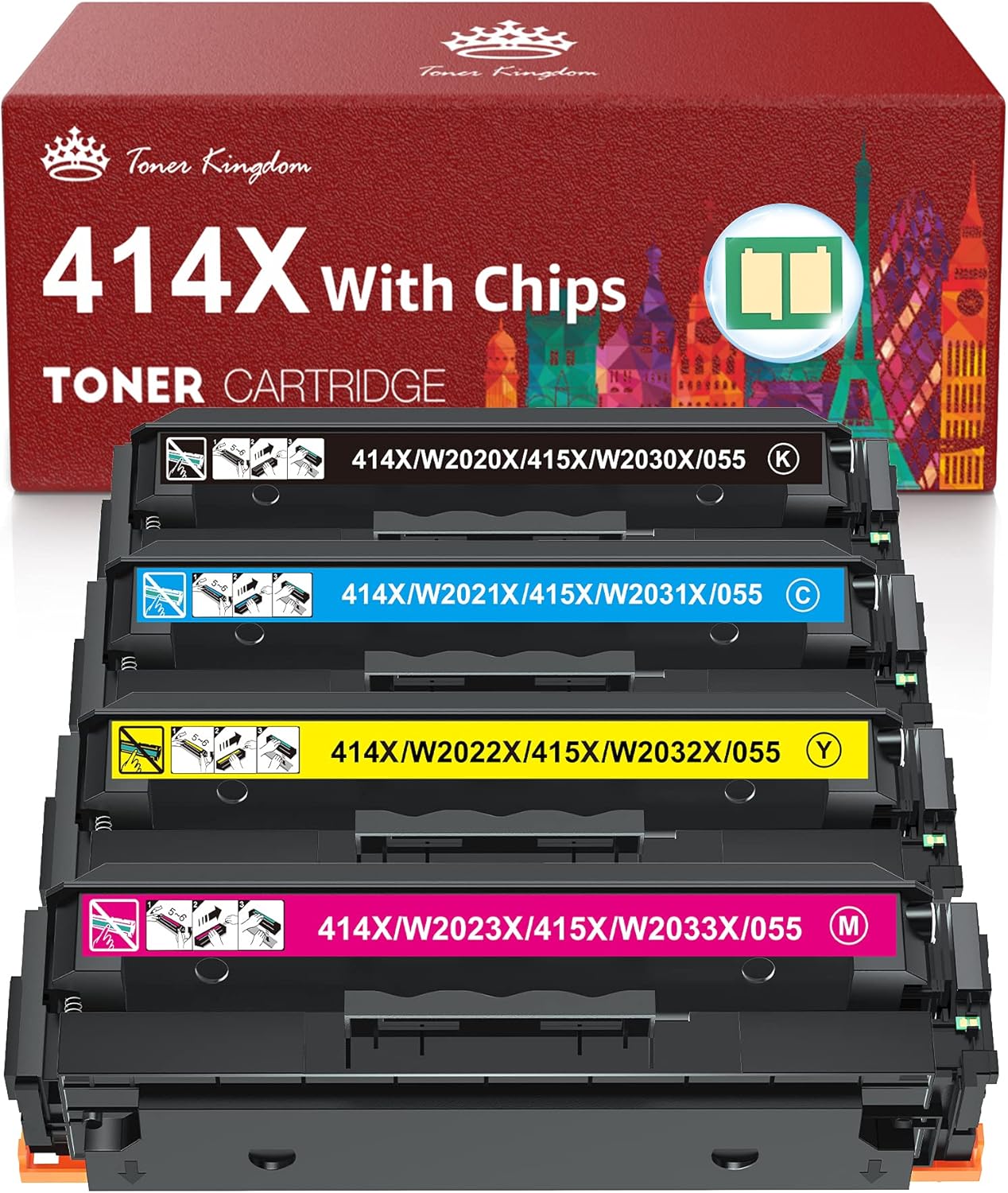 Toner Kingdom Compatible Toner Cartridge Replacement for HP 414X High Yield W2020X 414A for HP Color Pro MFP M479fdw M454dn M479fdn M454dw Toner Printer (with Chips, 4-Pack)