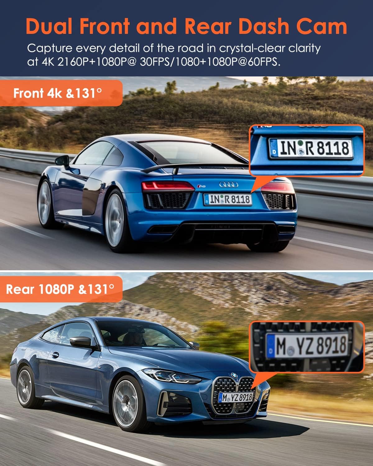 Vantrue X4S Duo 4K 5G WiFi Dual Dash Cam, 4K+1080P Wireless Front and Rear Dash Camera with Free APP, 24/7 Parking Mode, Super Night Vision, Motion Detection, G-Sensor, Capacitor, Support 256GB Max