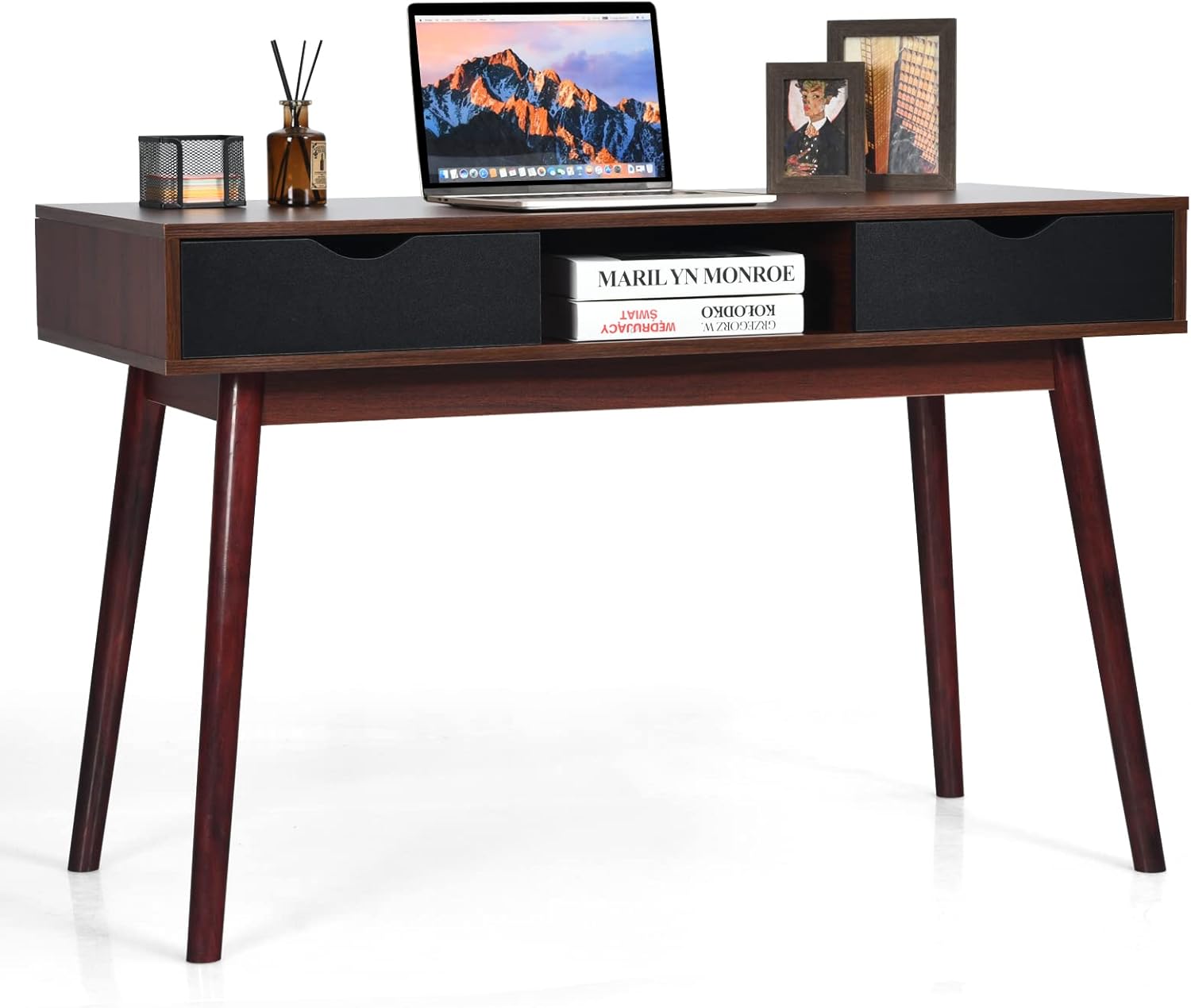 Tangkula Mid Century Desk with Drawers, Writing Computer Desk with Spacious Desktop & Sturdy Construction, Compact Laptop Table Workstation, Desk for Bedroom Home Office (Walnut)