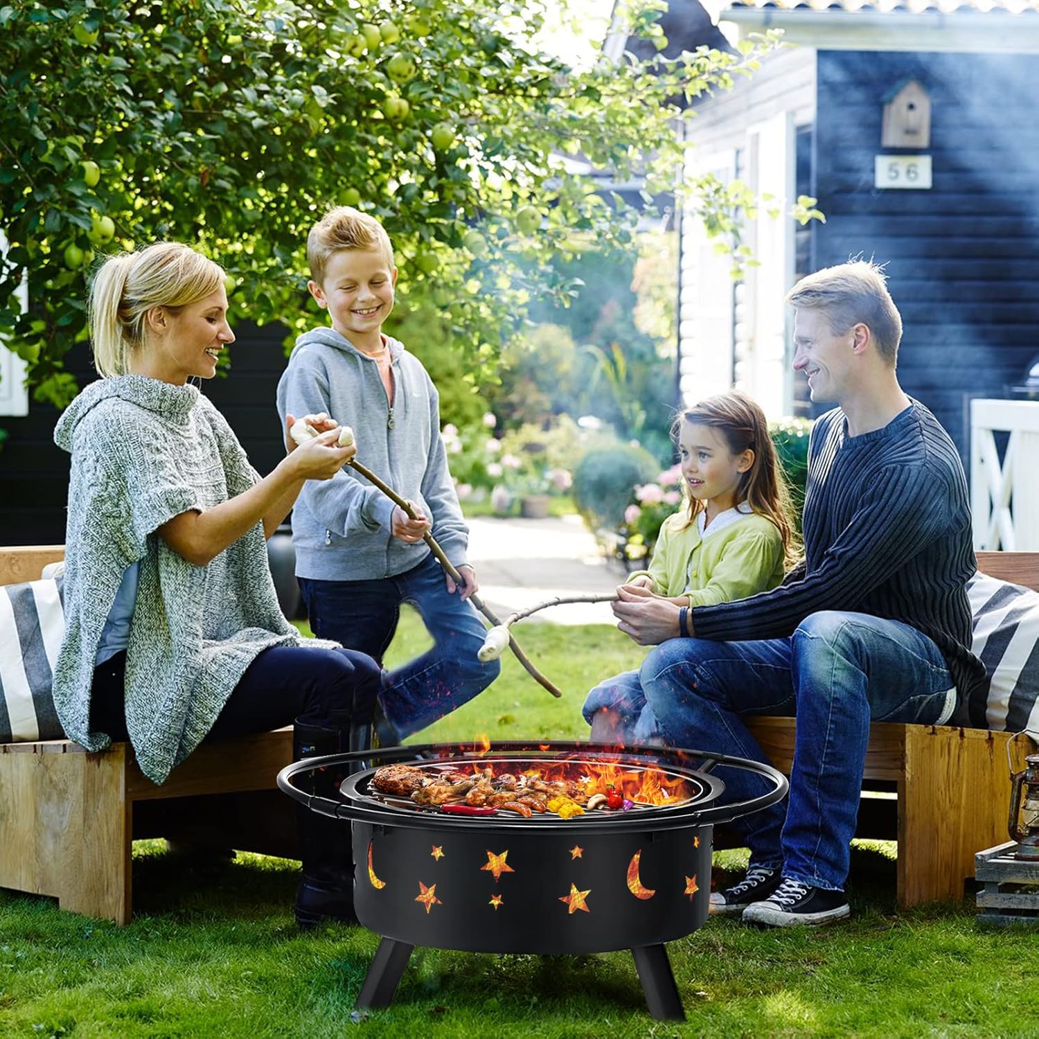 SINGLYFIRE 30 Inch Fire Pits for Outside Wood Burning Firepit Large Steel Outdoor Cooking Firepit Bowl for Patio Backyard Deck Picnic Porch Garden with BBQ Grill, Ash Plate,Spark Screen, Poker