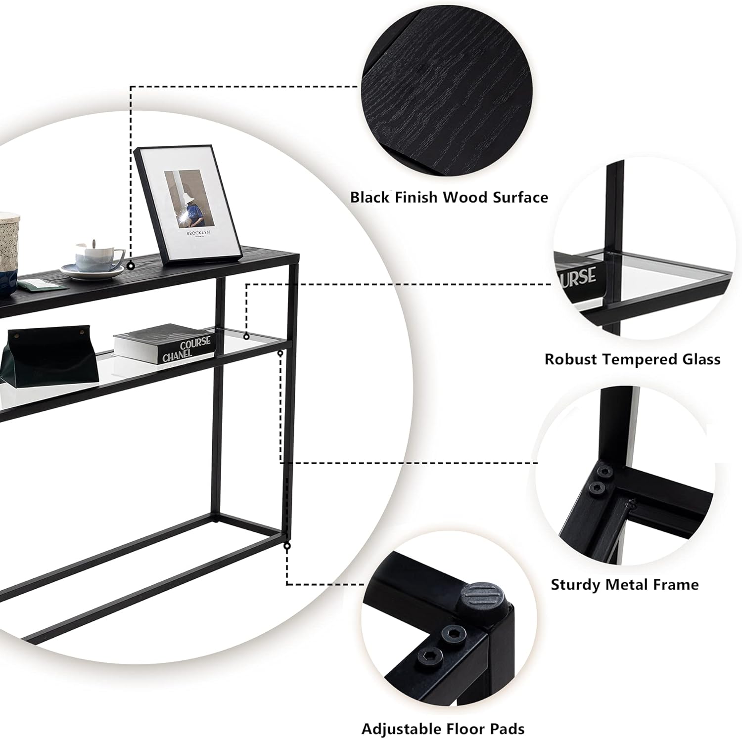 Black Narrow Console Sofa Table, 48'' 2-Tier Entryway Table with Tempered Glass Shelf for Living Room Hallway Foyer