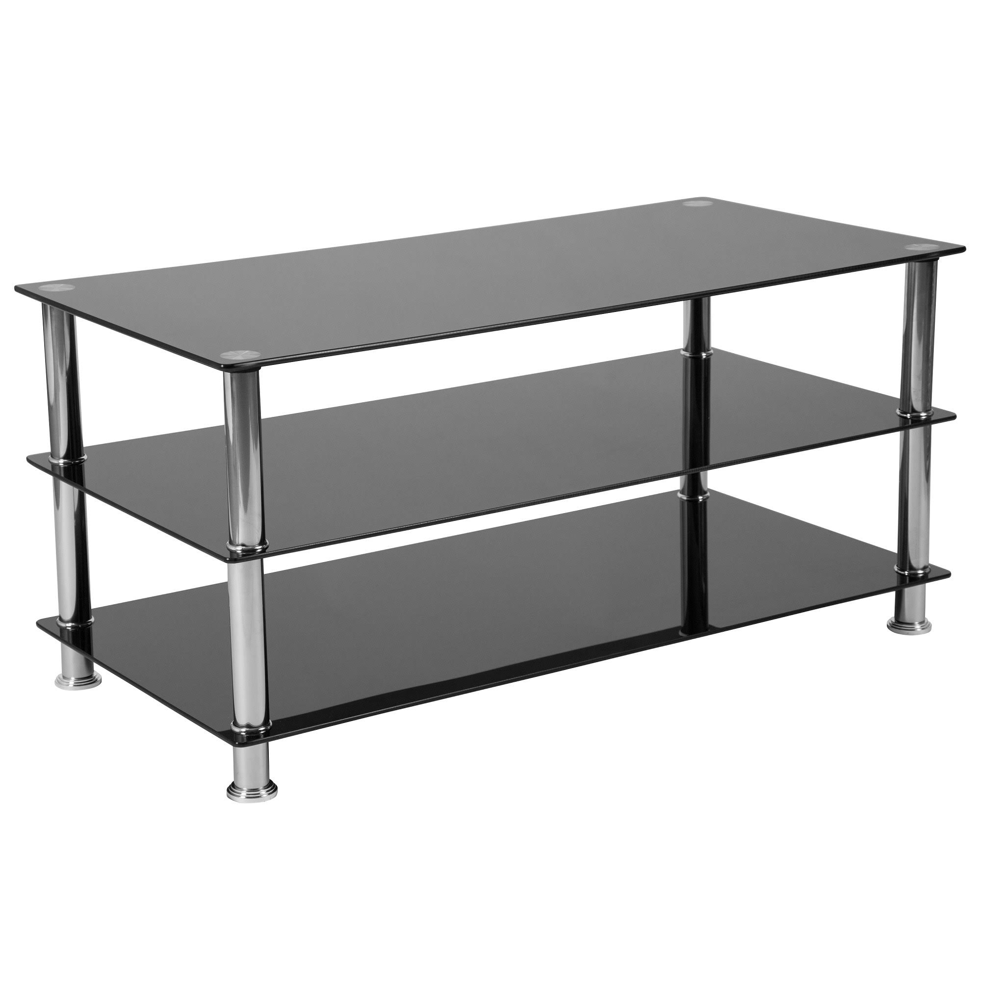 39.25x22 Black and Silver Rectangle Glass TV Stand with Stainless Steel Legs
