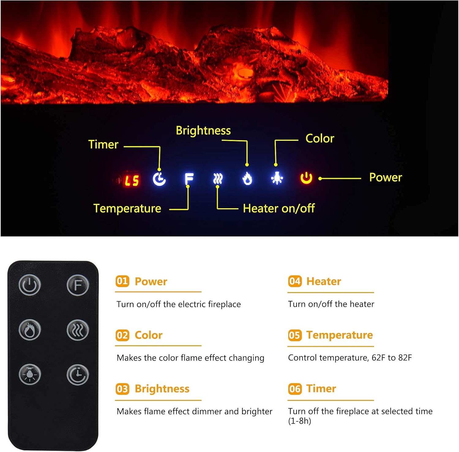 Cozy Daisy 50'' Electric Fireplace Heater,Wall Mounted and in-Wall Recessed,with Touch Screen, Realistic 9 Color Flame, Remote Controller/Log & Crystal Hearth Options,750W-1500W,Black