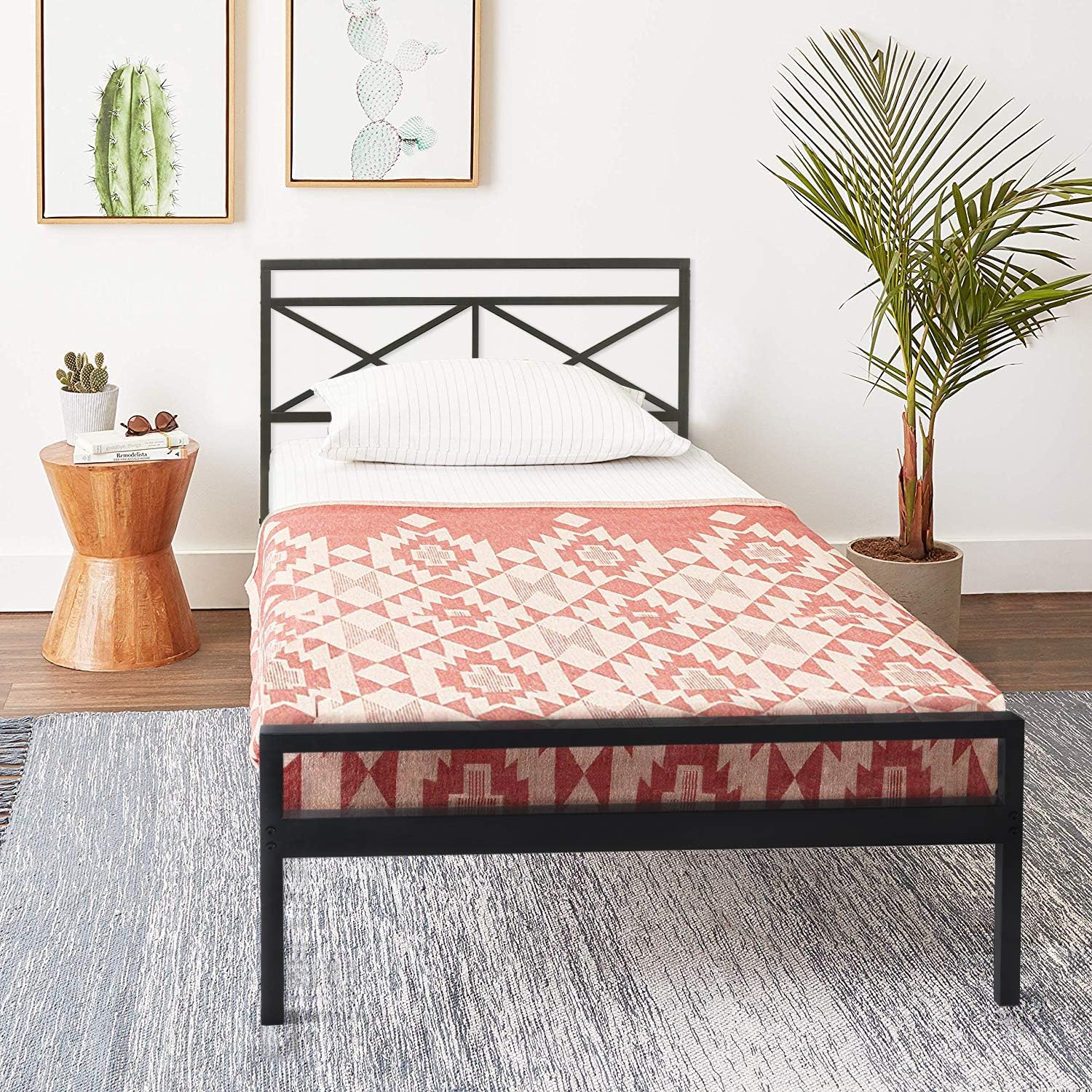 Mellow Presidio - 14 Inch Metal Platform Bed with Headboard, Patented Wide Steel Slats, Easy Assembly, Queen, Black