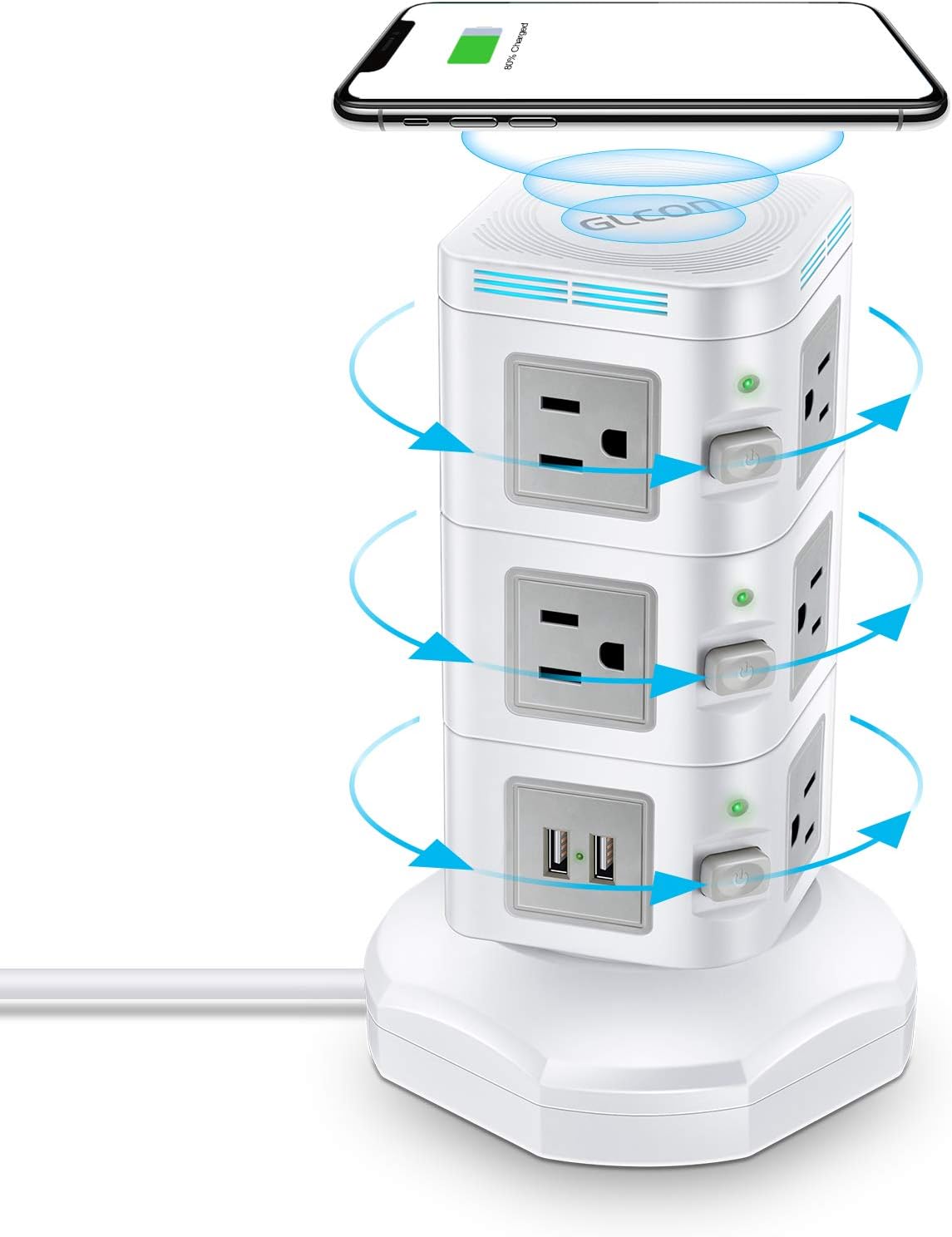 Power Strip Tower - GLCON Surge Protector Charging Tower for Multiple Devices - Desk Charging Station with Wireless Charger + 10 AC Outlets Plug + 4 USB Ports + 6ft Extension Cord (Grey White) Pack of 2