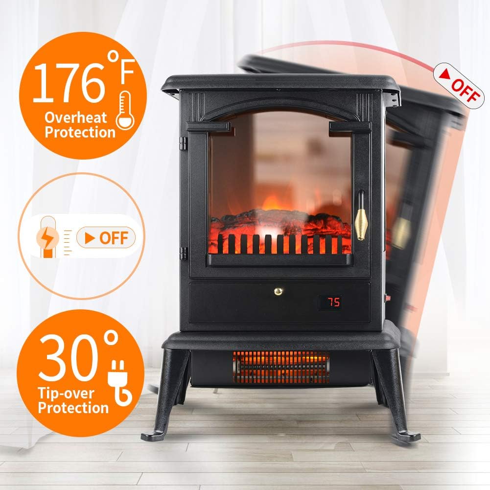 NKEPEN Electric Fireplace with 3D Realistic Flame - Freestanding Infrared Fireplace Heater with Remote Control (No Battery), Adjustable Brightness and Heating Mode, Overheating Safety Protection