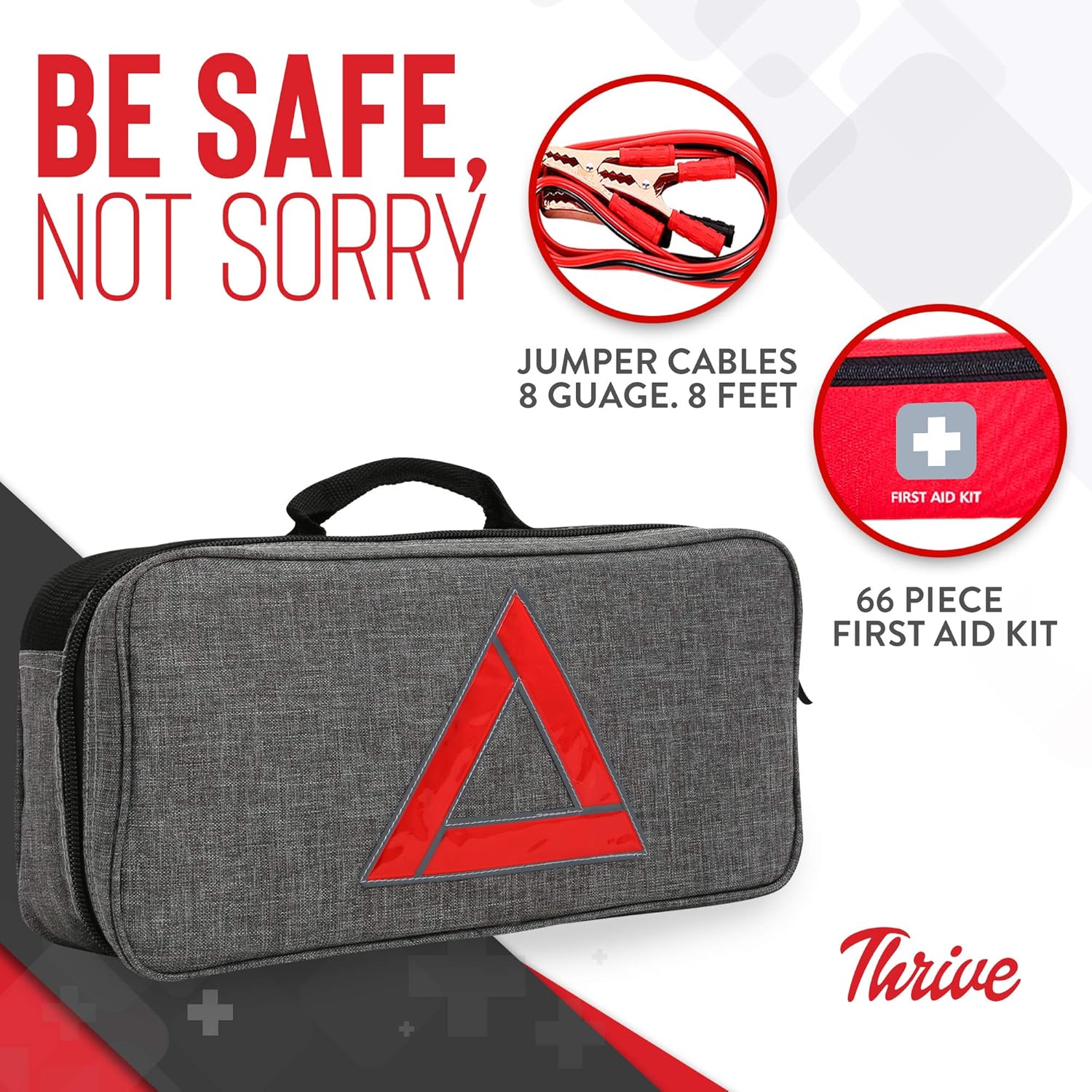 Thrive Car Emergency Kit with Jumper Cables + First Aid Kit | Auto Emergency Kit & Car Accessories | Roadside Vehicle Assistance | Car Tool Kit Bag | Road Trip Essentials (in Gray Bag)
