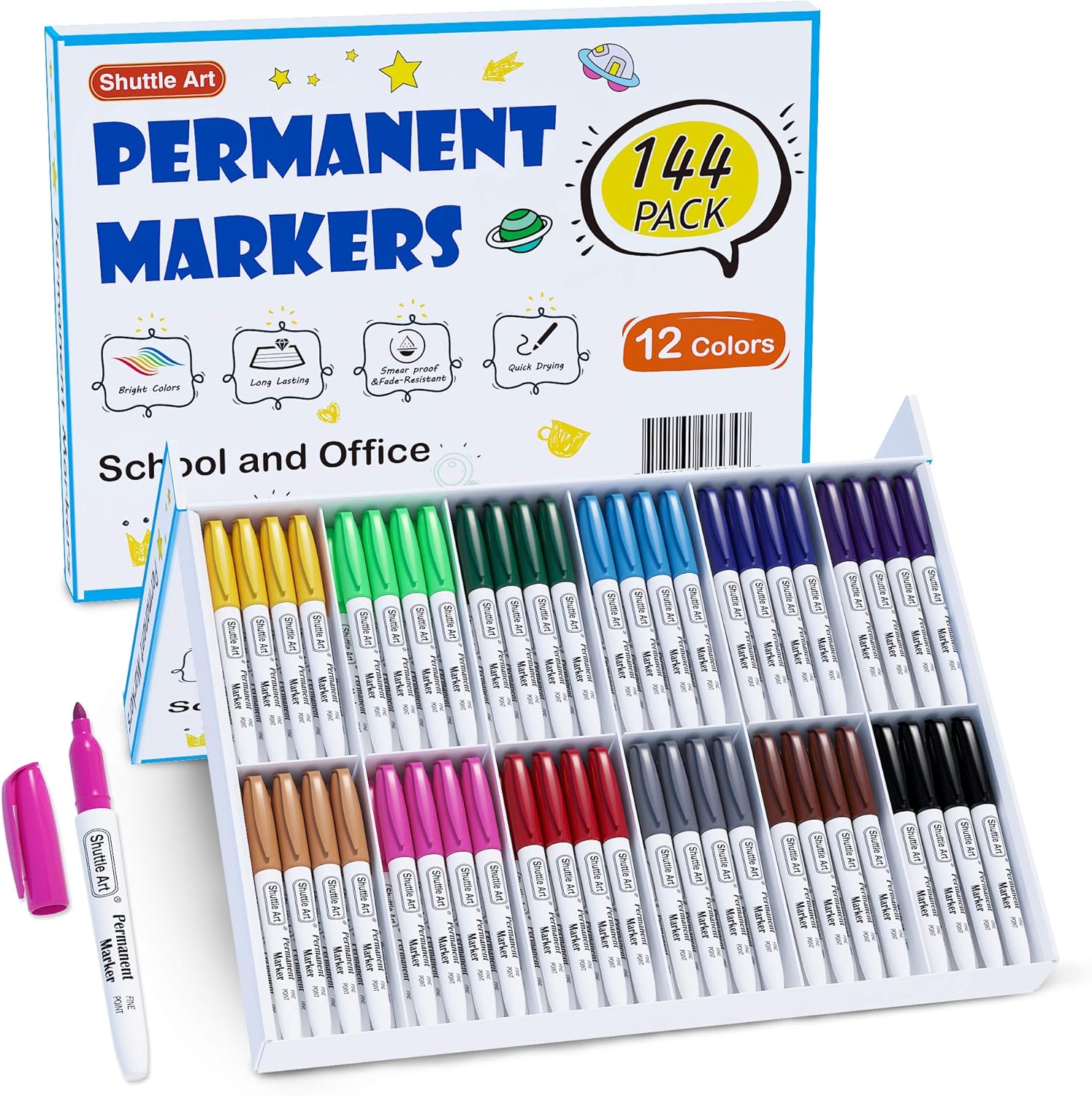 144 Pack Permanent Markers, Shuttle Art Permanent Marker Assorted Colors, 12 Bright Colors Fine Point Permanent Markers For Kids and Adult Coloring on Wood, Stone, Glass as Office, School Supplies