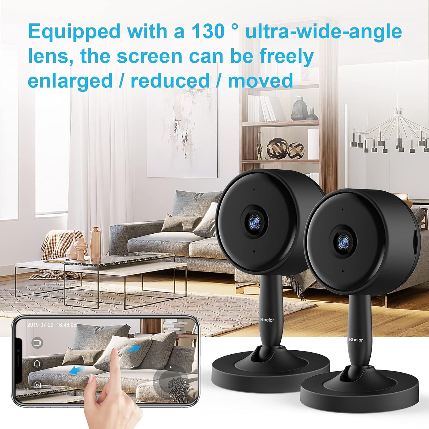 Home Security Camera Indoor, Rbcior 1080P 2.4GHz WiFi Wireless Camera, 130° Wide-Angle Pet Camera with Night Vision, Motion Detection, 2- Way Audio Nanny/Dog/Baby Monitor, Compatible with Alexa Pack of 2