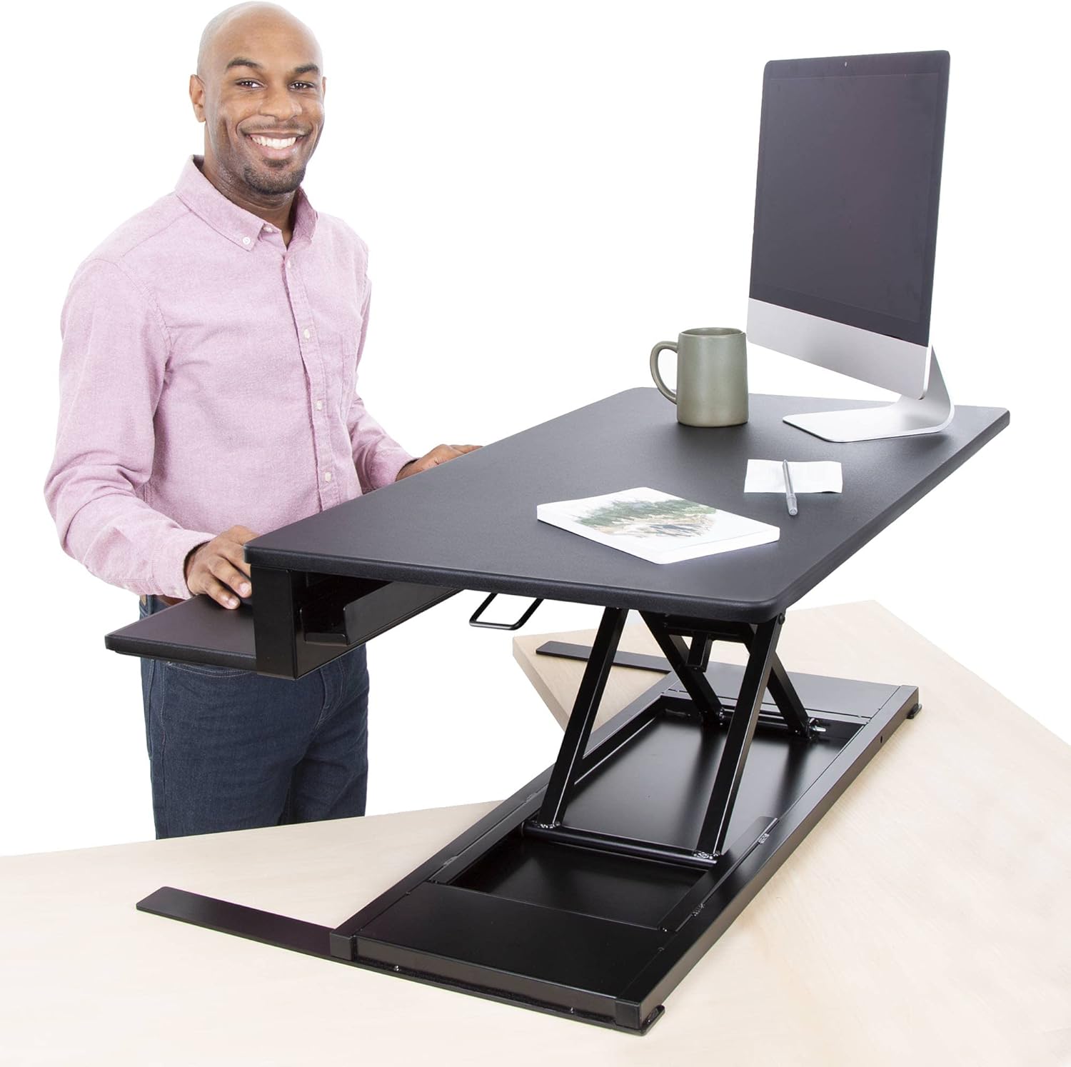 Stand Steady Flexpro Air | 36 Inch Premium Standing Desk Converter | Fully Assembled Sit to Stand Desk | Height Adjustable 2 Level Stand Up Desk Converter with Keyboard Shelf & Monitor Riser (Black)