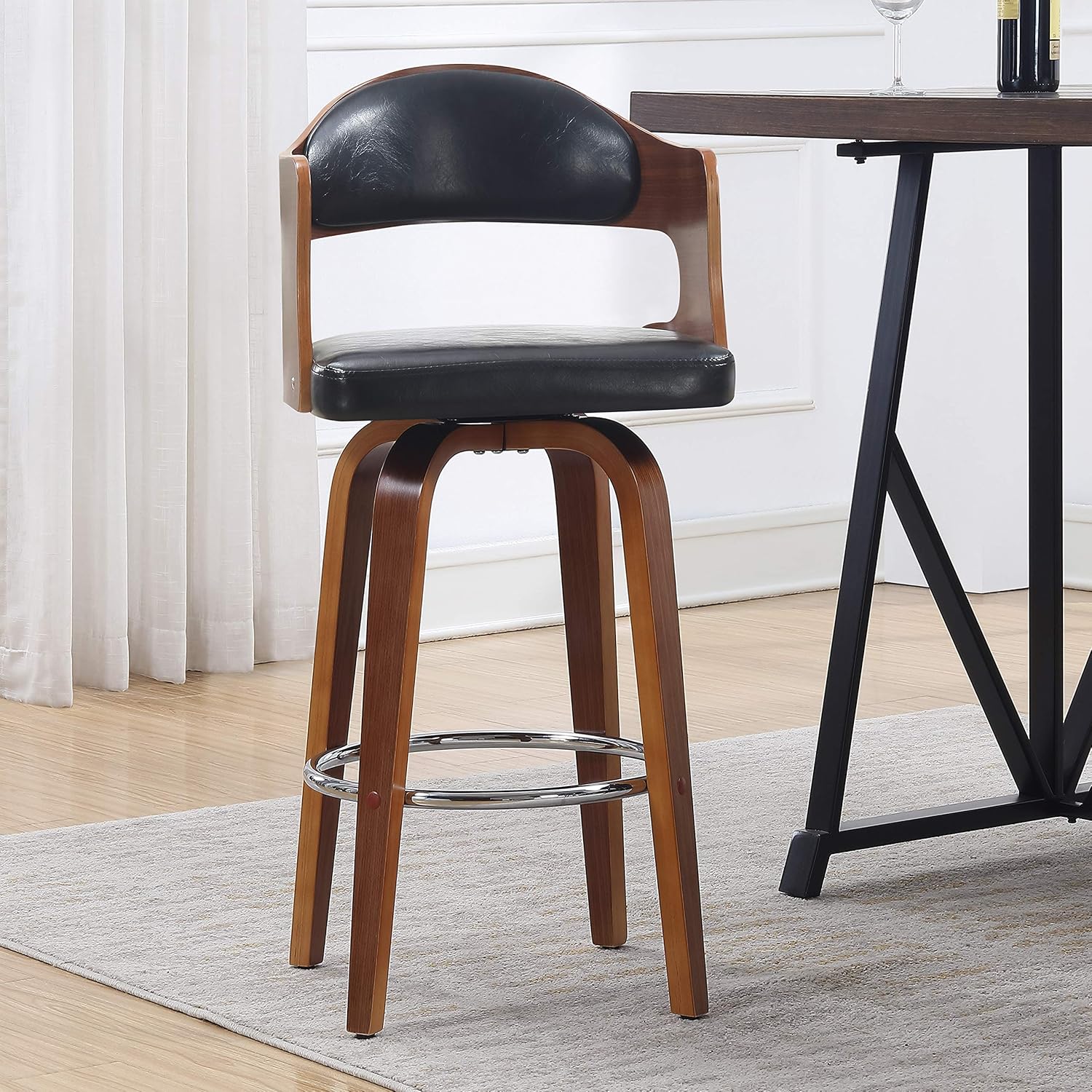 AC Pacific Counter Seat Height Swivel Barstool Leather Black Mid-Century 27-Inch,