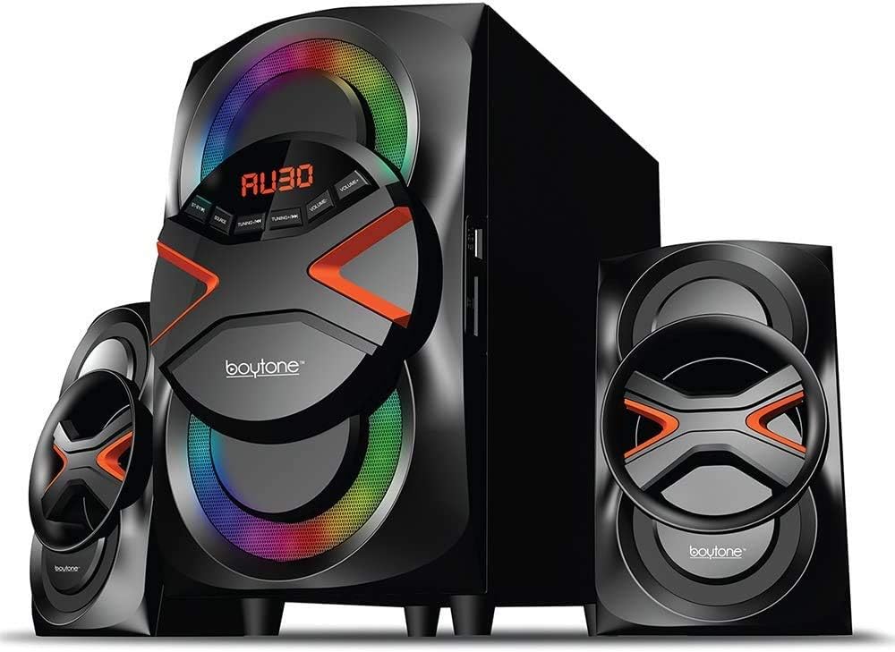 Boytone BT-626F, 2.1 Bluetooth Powerful Home Audio Speaker System, with FM Radio, SD Slot, USB Ports, Digital Playback, 54 Watts, Disco Lights, Remote Control, for Smartphone, Tablet. 110/220V