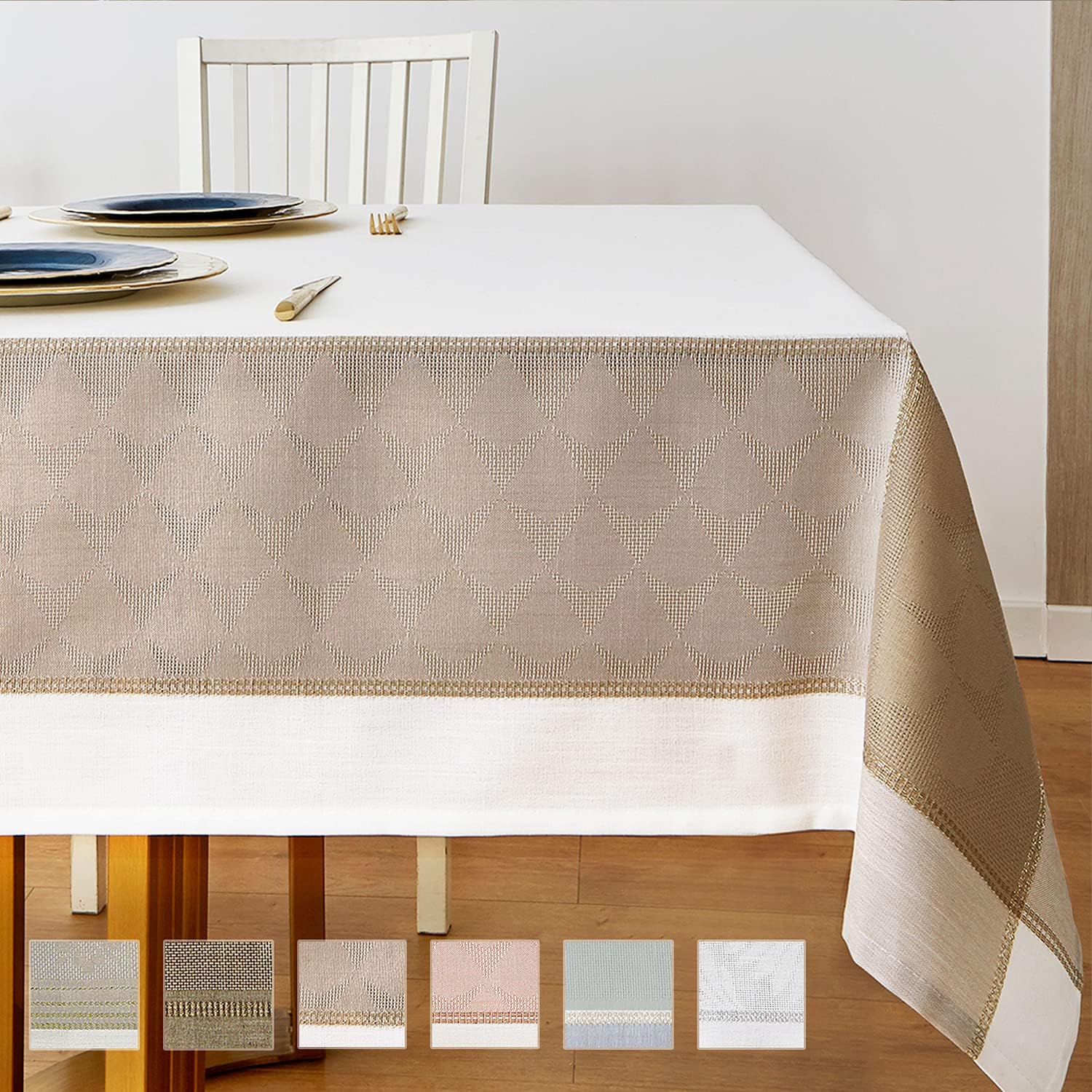 Rustic Faux Linen Tablecloth Rectangle 60x84 Waterproof Stain Resistant Luxury Table Cloth with Golden Lace for Dining Room Outdoor Wrinkle Free Table Cover for Buffet, Taupe