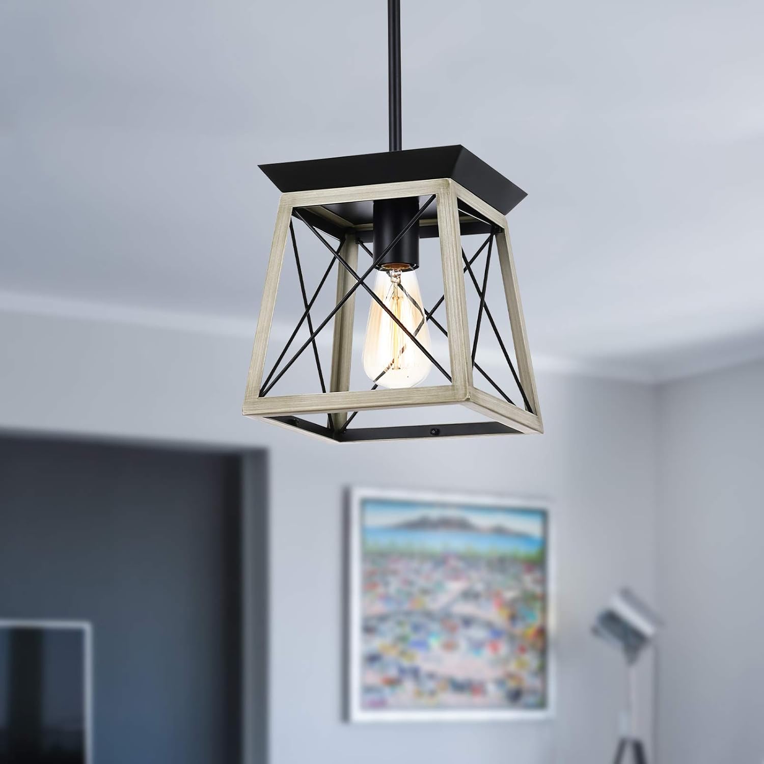 LUBURS Kitchen Island Lighting, Farmhouse Linear Chandelier, Black Lantern Foyer Lighting Chandeliers, Vintage Pendant Ceiling Lamp for Dining Room Kitchen Living Room Farmhouse (1-Light)