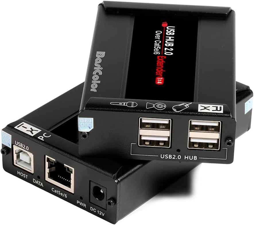 Basicolor USB Extender 262ft(80m) Kit with 4 USB 2.0 Hub, USB Over Ethernet Cat5e/6/7 Extension, USB RJ45 Extender Support All Operating System, Plug&Play, Two Web Cameras Work Synchronously. Pack of 2