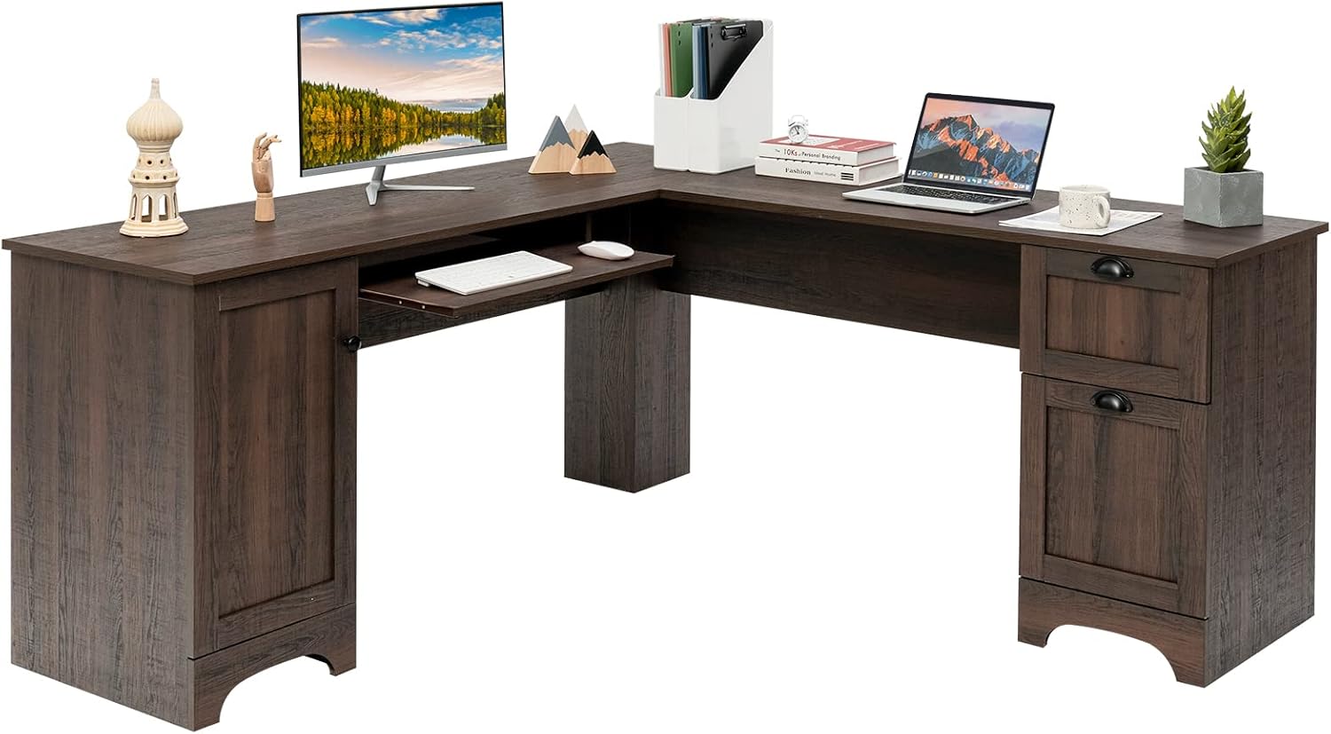 Tangkula L Shaped Office Desk, 66.5 Inches Corner Computer Desk with Storage Drawers & Cabinet, Home Office Desk with Pull-Out Keyboard Tray, Space-Saving Computer Workstation (Walnut)