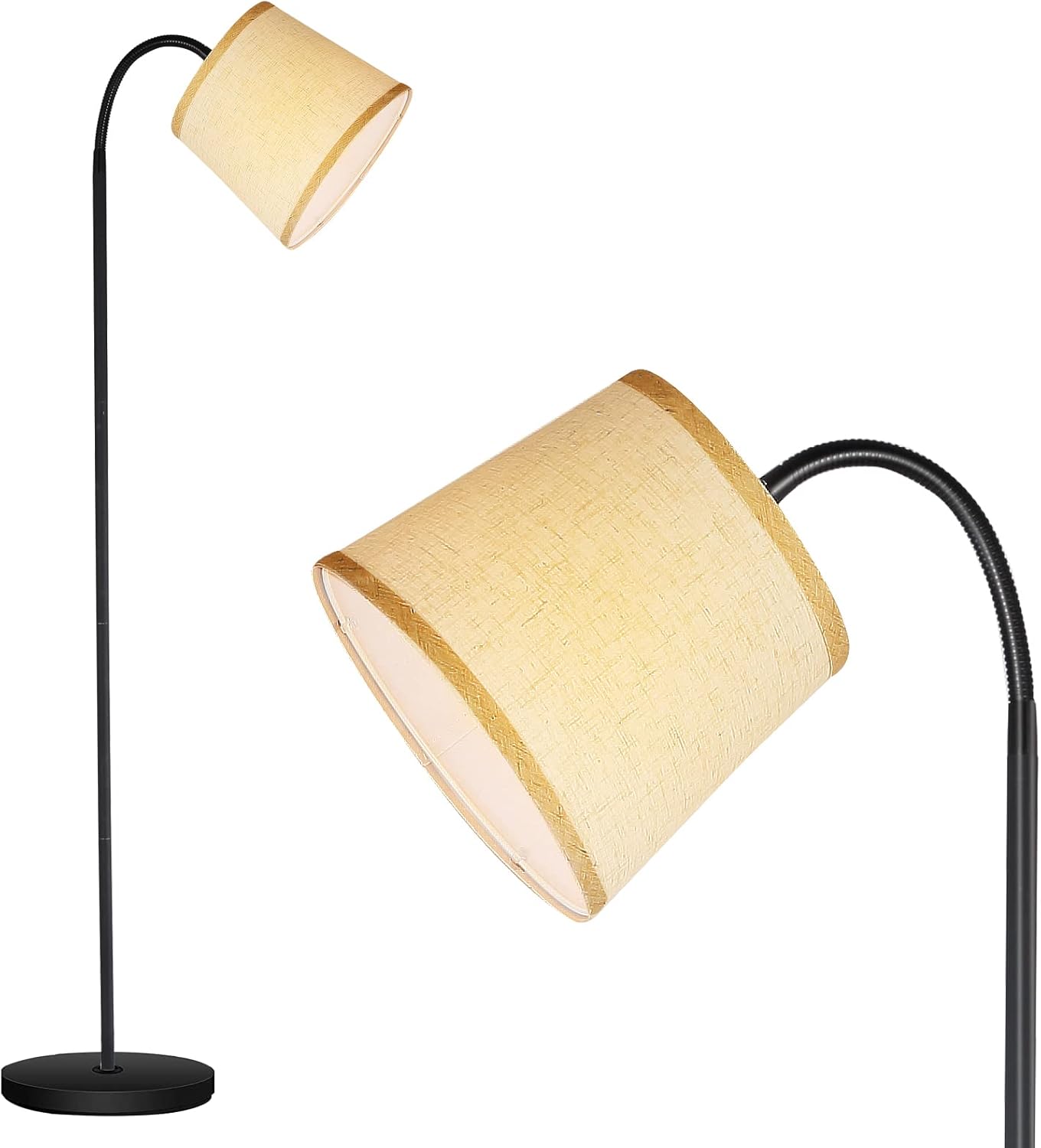 Floor Lamp for Living Room,Adjustable Gooseneck Standing Lamp with Linen Lampshade,Modern,Industrial Reading Light,Floor Lamps for Bedroom,Office,Farmhouse,12W LED Bulb Included,Black-Beige Linen