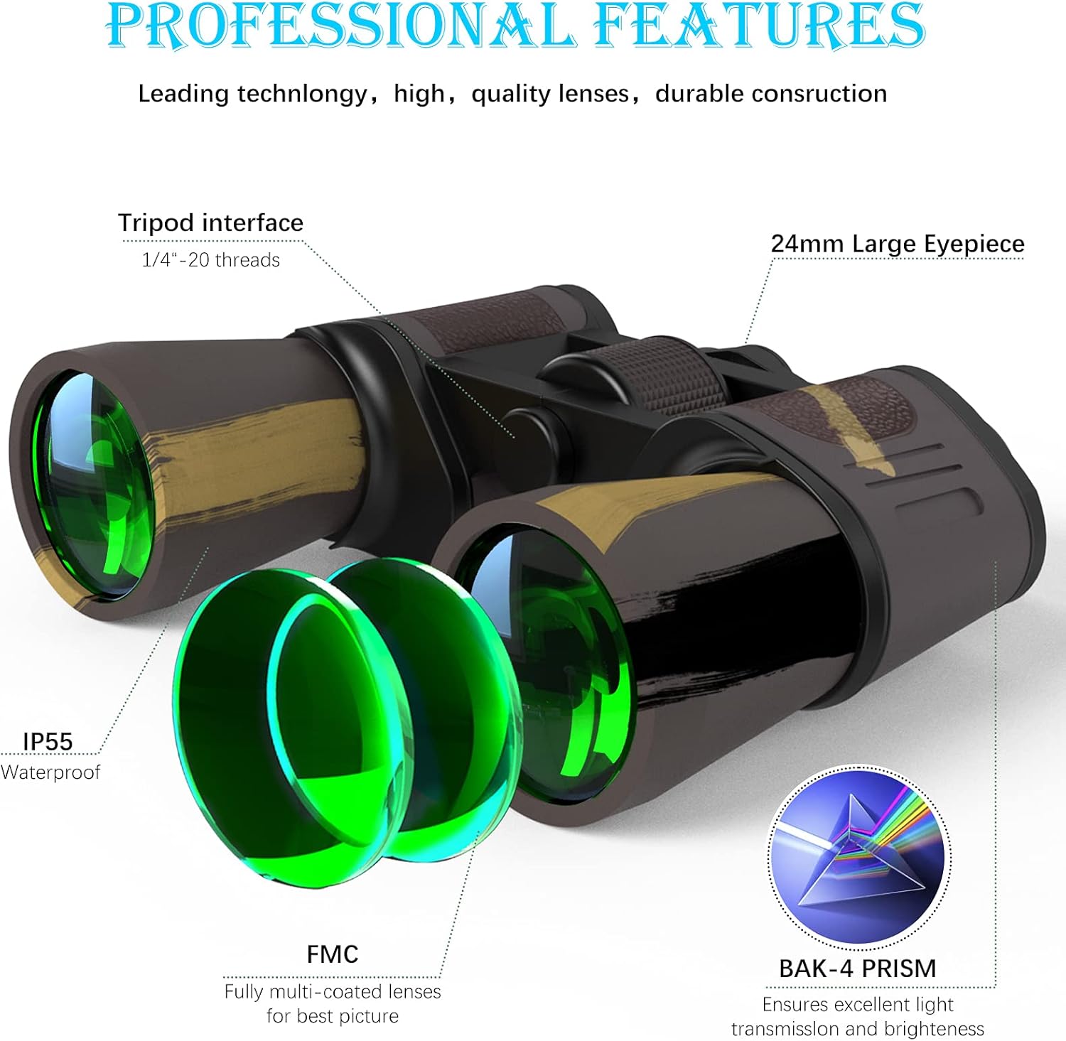 20x50 High Power Military Binoculars for Adults and Kids:Compact HD Professional/Low Light Night Vision Waterproof Binoculars Telescope for Bird Watching Traveling Hunting Concert-BAK4 Prism FMC Lens